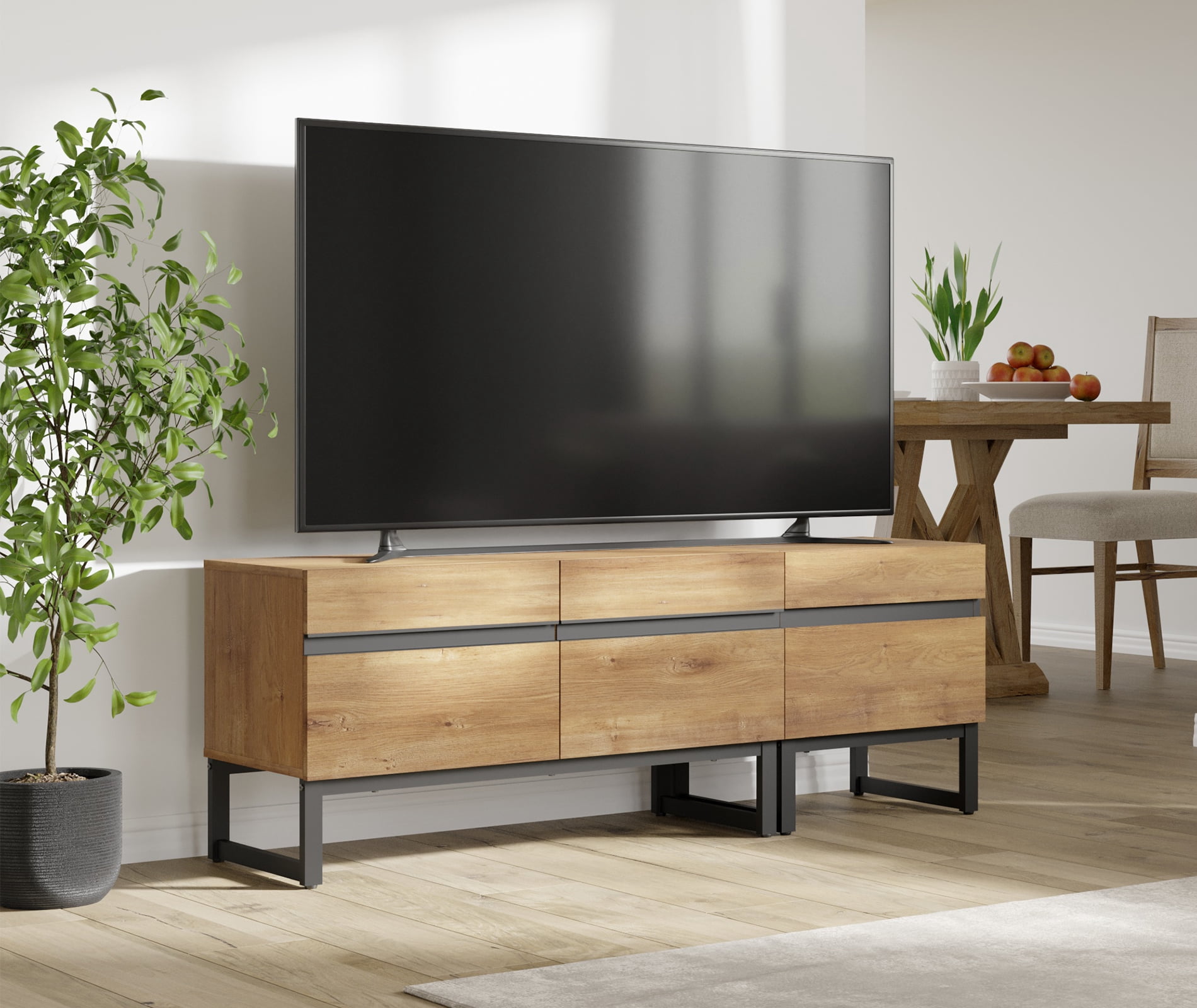 WAMPAT Modern TV Stand, 2-in-1 Entertainment Center with Storage Cabinets & Metal Base, 53" Oak, Fits TVs Up to 50"