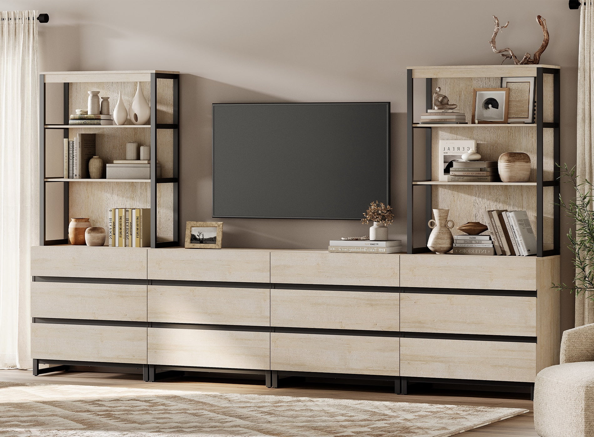 WAMPAT Modern TV Stand, 3-Tier Bookshelf & Farmhouse Entertainment ...