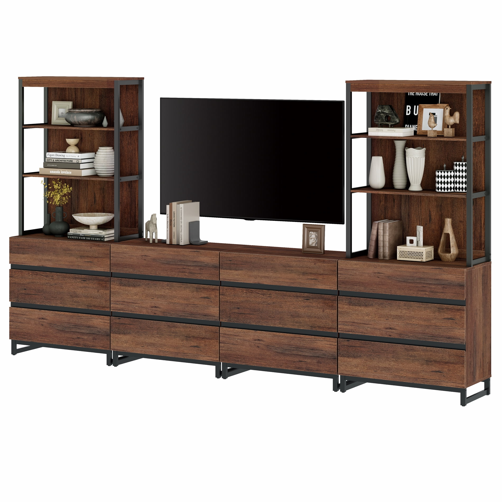 WAMPAT Modern TV Stand, 3-Tier Bookshelf & Farmhouse Entertainment Center with 12 Drawers, Adjustable Shelf & Black Metal Legs, Living Room Media,Console,Brown