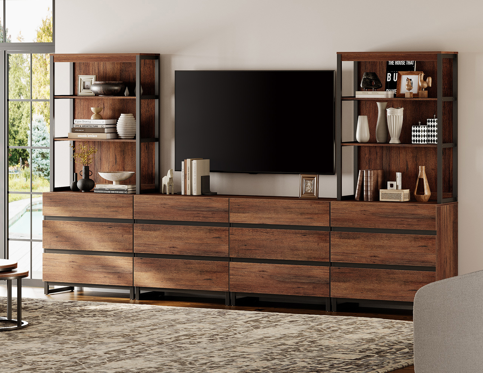 WAMPAT Modern TV Stand, 3-Tier Bookshelf & Farmhouse Entertainment Center with 12 Drawers, Adjustable Shelf & Black Metal Legs, Living Room Media,Console,Brown