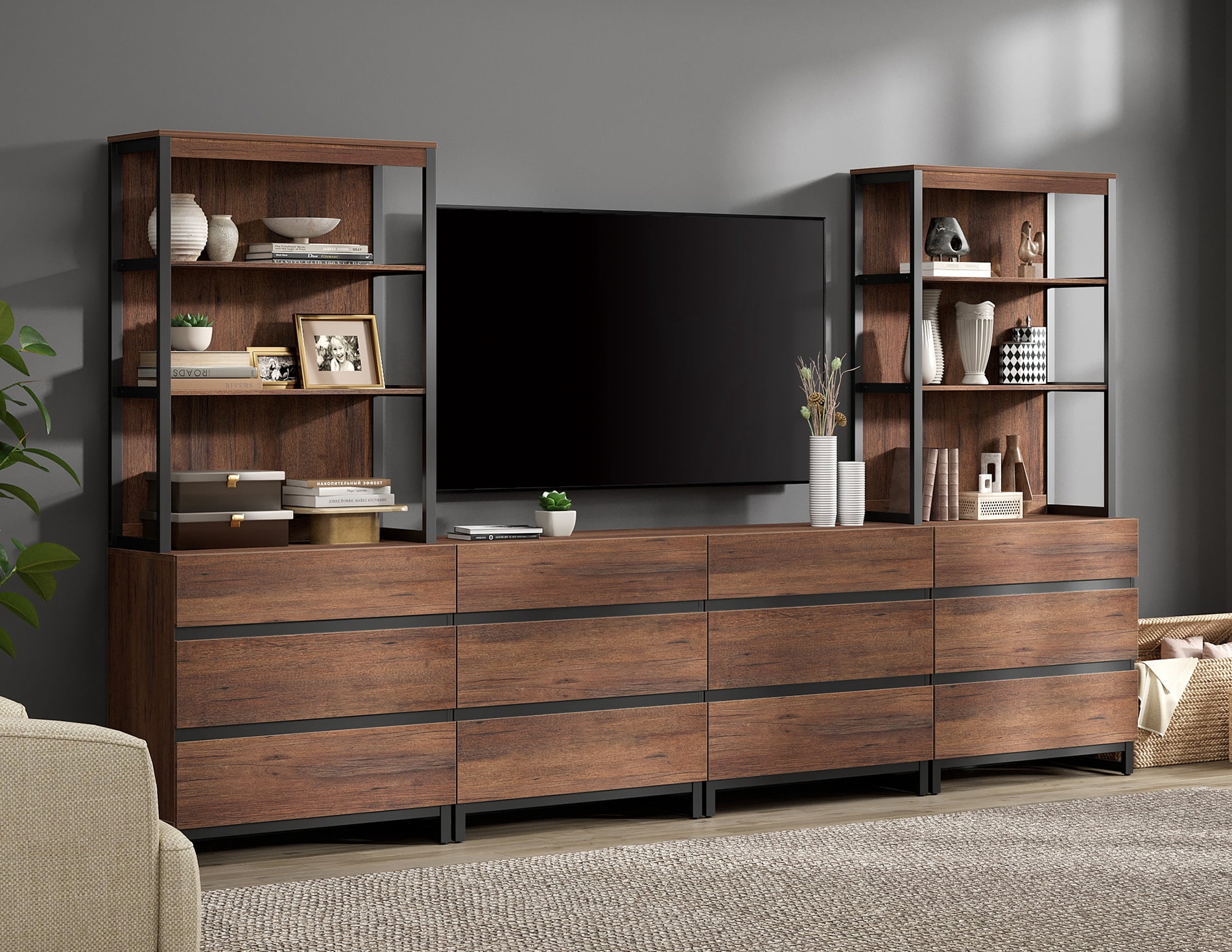 WAMPAT Modern TV Stand, 3-Tier Bookshelf & Farmhouse Entertainment Center with 12 Drawers, Adjustable Shelf & Black Metal Legs, Living Room Media,Console,Brown