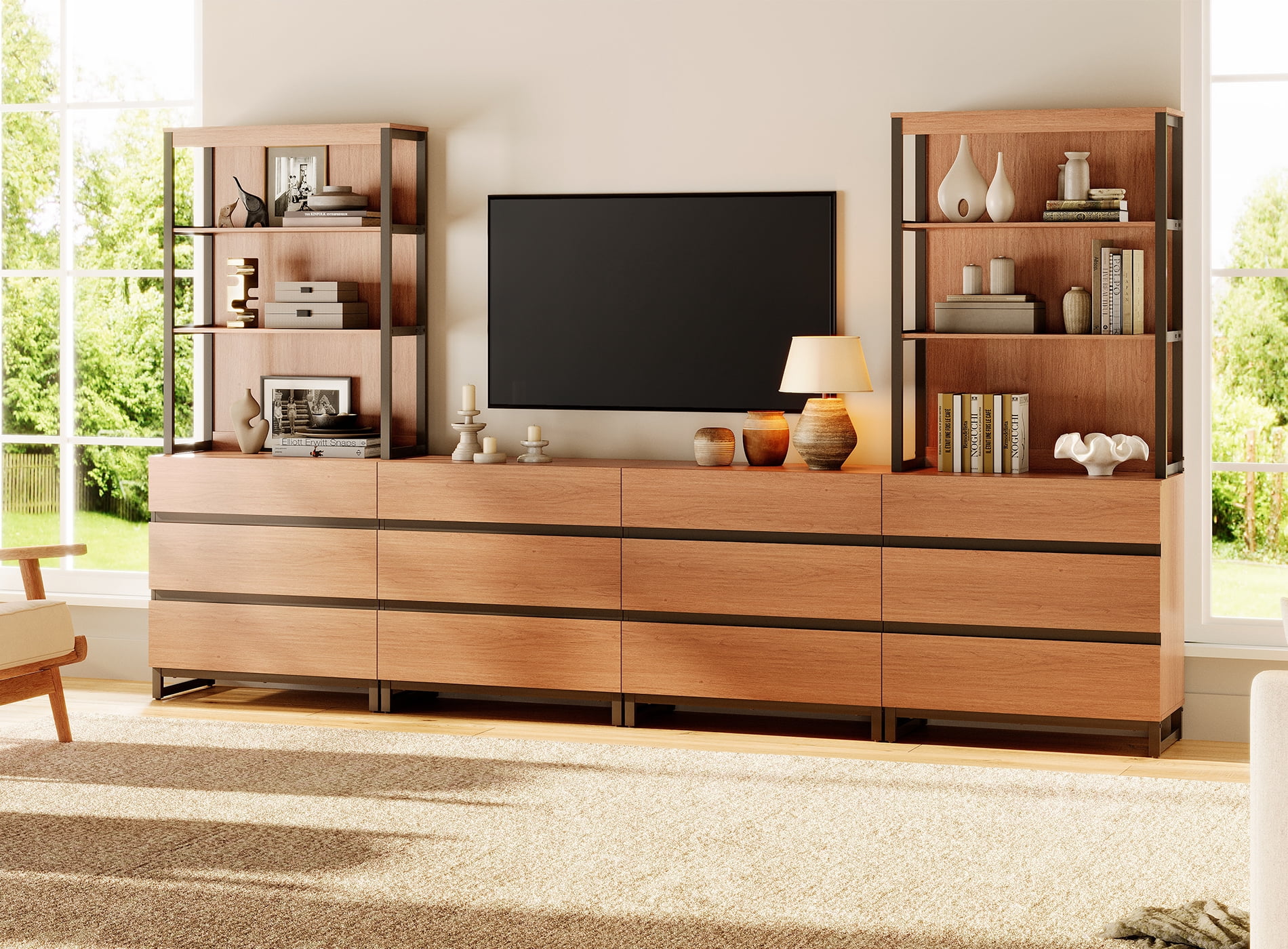 WAMPAT Modern TV Stand, 3-Tier Bookshelf & Farmhouse Entertainment Center with 12 Drawers, Adjustable Shelf & Black Metal Legs, Living Room Media,Console,Mocha