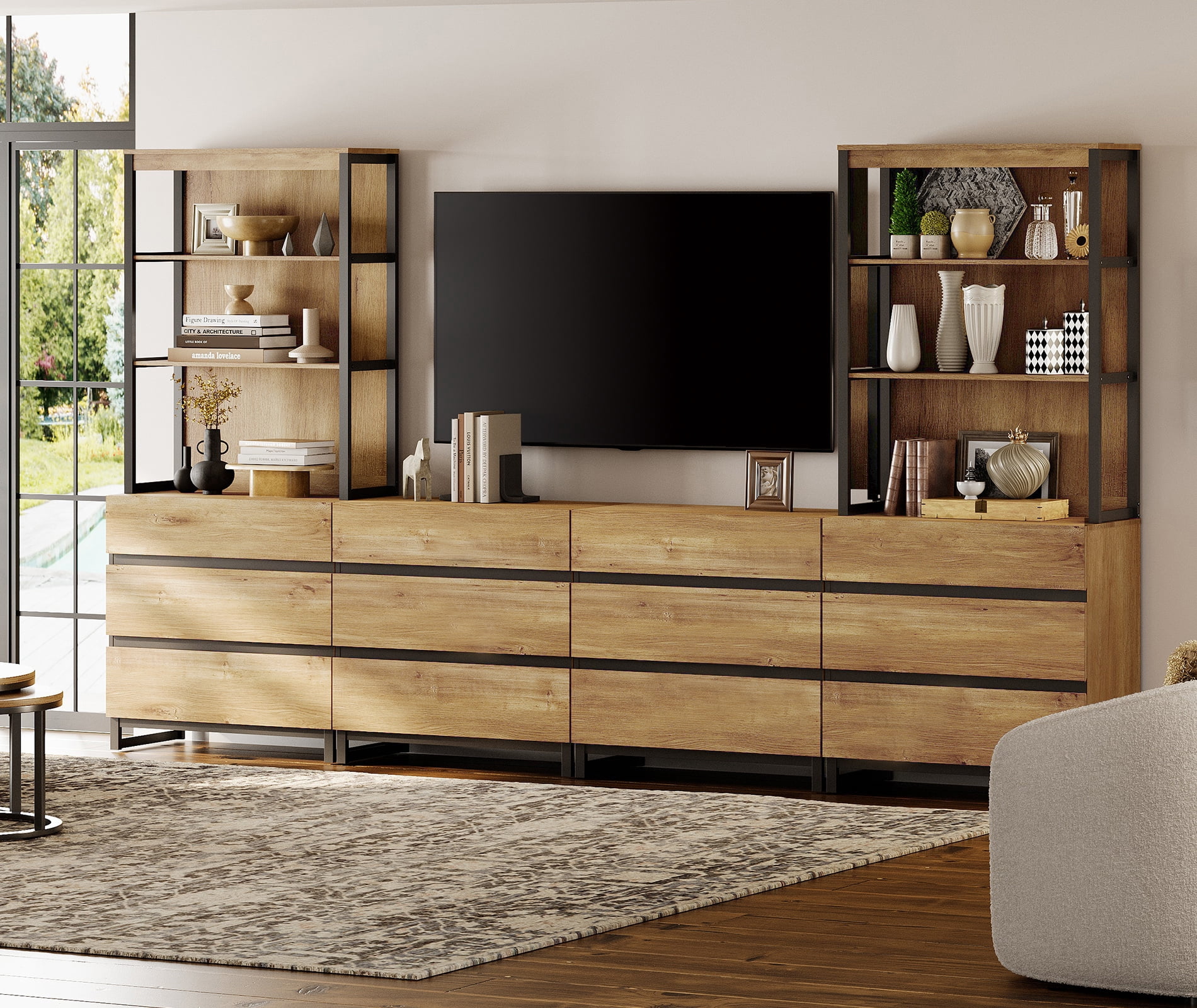 WAMPAT Modern TV Stand, 3-Tier Bookshelf & Farmhouse Entertainment Center with 12 Drawers, Adjustable Shelf & Black Metal Legs, Living Room Media,Console,Oak