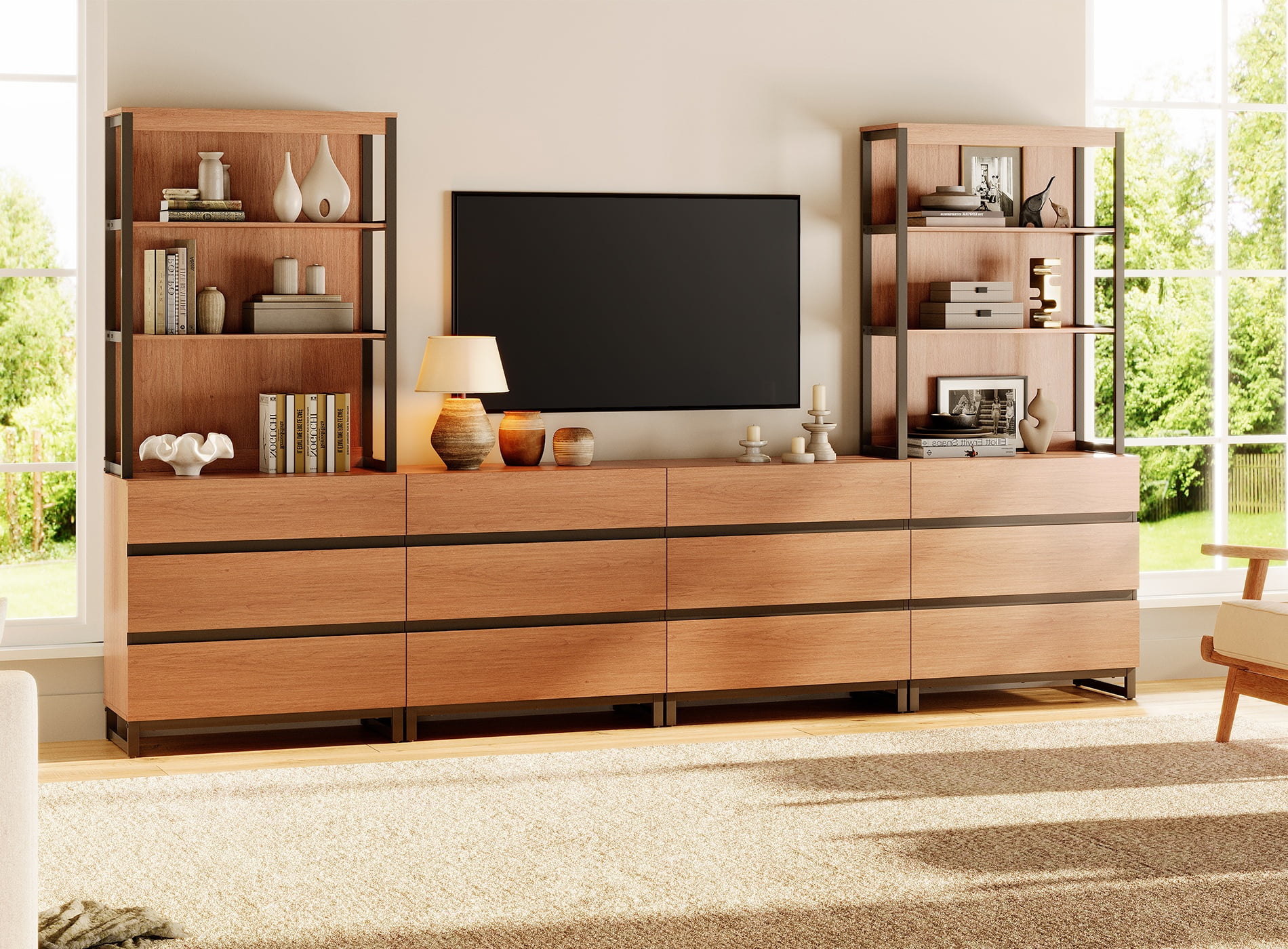 WAMPAT Modern TV Stand with 3 Tiers Bookshelf, Farmhouse Entertainment Center with 12 Drawers and Adjustable Shelf, Wooden Media TV Console with Black Metal Leg for Living Room, Mocha