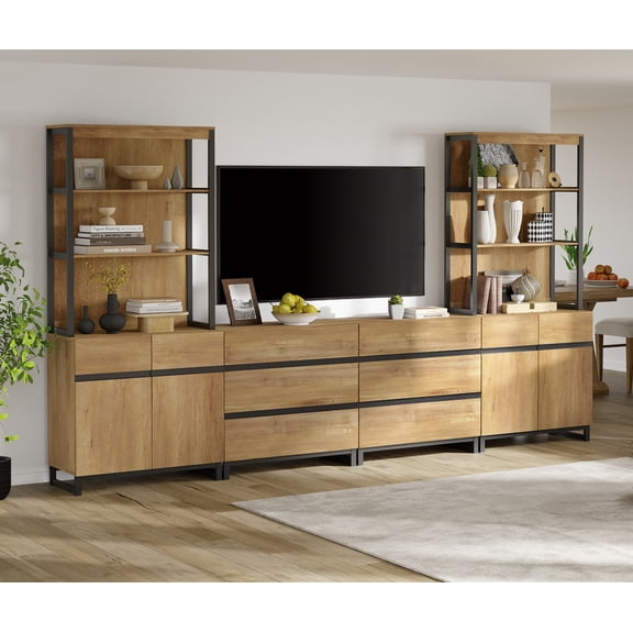 WAMPAT Modern TV Stand with 3 Tiers Bookshelf, Farmhouse Entertainment Center with 2 Storage Cabinets and 6 Drawers, Wooden Media TV Console with Black Metal Leg for Living Room, Oak