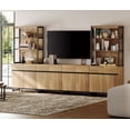 thumbnail image 1 of WAMPAT Modern TV Stand with 3 Tiers Bookshelf, Farmhouse Entertainment Center with 4 Large Storage Cabinets and Adjustable Shelf, Wooden Media TV Console with Black Metal Leg for Living Room, Oak, 1 of 12