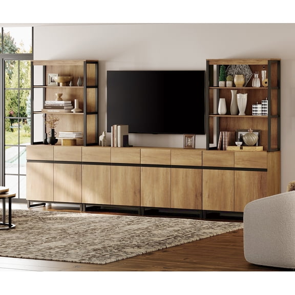 WAMPAT Modern TV Stand with 3 Tiers Bookshelf, Farmhouse Entertainment Center with 4 Large Storage Cabinets and Adjustable Shelf, Wooden Media TV Console with Black Metal Leg for Living Room, Oak