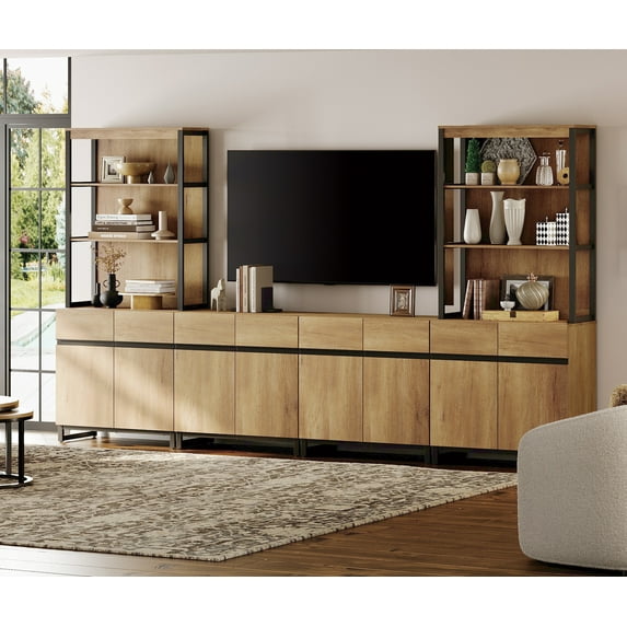 WAMPAT Modern TV Stand with 3 Tiers Bookshelf, Farmhouse Entertainment Center with 4 Large Storage Cabinets and Adjustable Shelf, Wooden Media TV Console with Black Metal Leg for Living Room, Oak