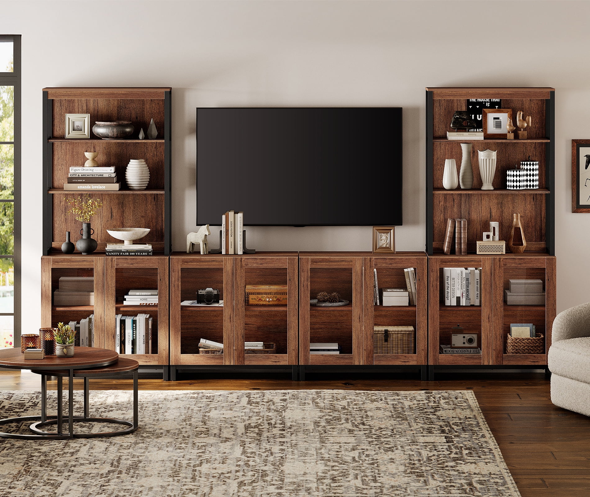 WAMPAT Modern TV Stand with 3 Tiers Bookshelf, Farmhouse Entertainment Center with 4 Large Storage Cabinets and Adjustable Shelf, Wooden Media TV Console with Glass Doors for Living Room, Brown