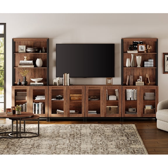 WAMPAT Modern TV Stand with 3 Tiers Bookshelf, Farmhouse Entertainment Center with 4 Large Storage Cabinets and Adjustable Shelf, Wooden Media TV Console with Glass Doors for Living Room, Brown