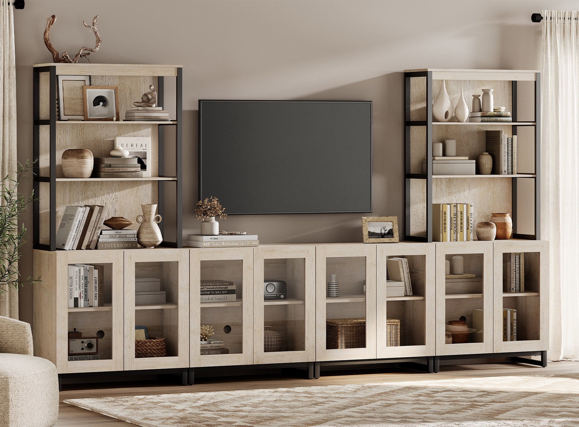 WAMPAT Modern TV Stand with 3 Tiers Bookshelf, Farmhouse Entertainment Center with 4 Large Storage Cabinets and Adjustable Shelf, Wooden Media TV Console with Glass Doors for Living Room, Beige