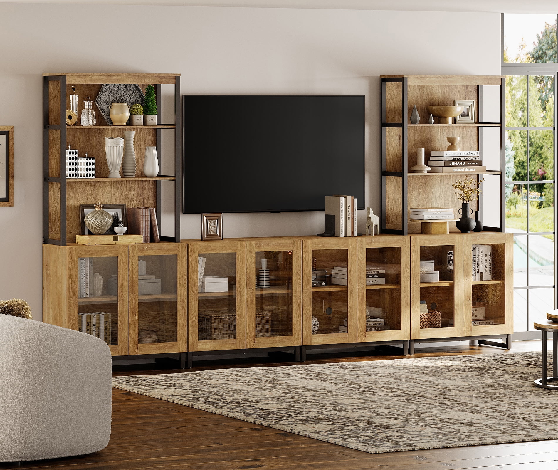 WAMPAT Modern TV Stand with 3 Tiers Bookshelf, Farmhouse Entertainment Center with 4 Large Storage Cabinets and Adjustable Shelf, Wooden Media TV Console with Glass Doors for Living Room, Oak