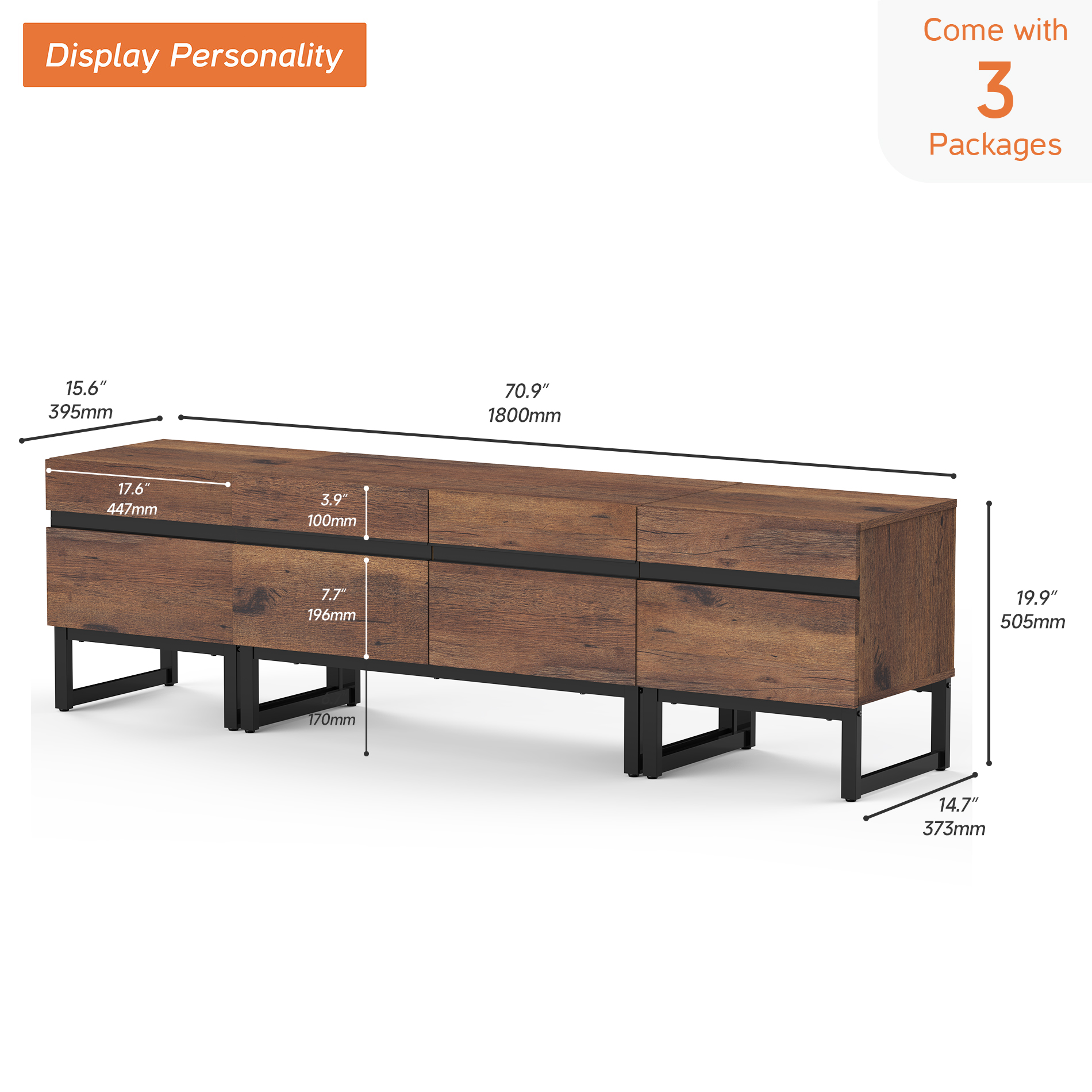 WAMPAT Modern TV Stand, 3-in-1 Entertainment Center with Storage Cabinets & Metal Base, 71" Brown, Fits TVs Up to 70"