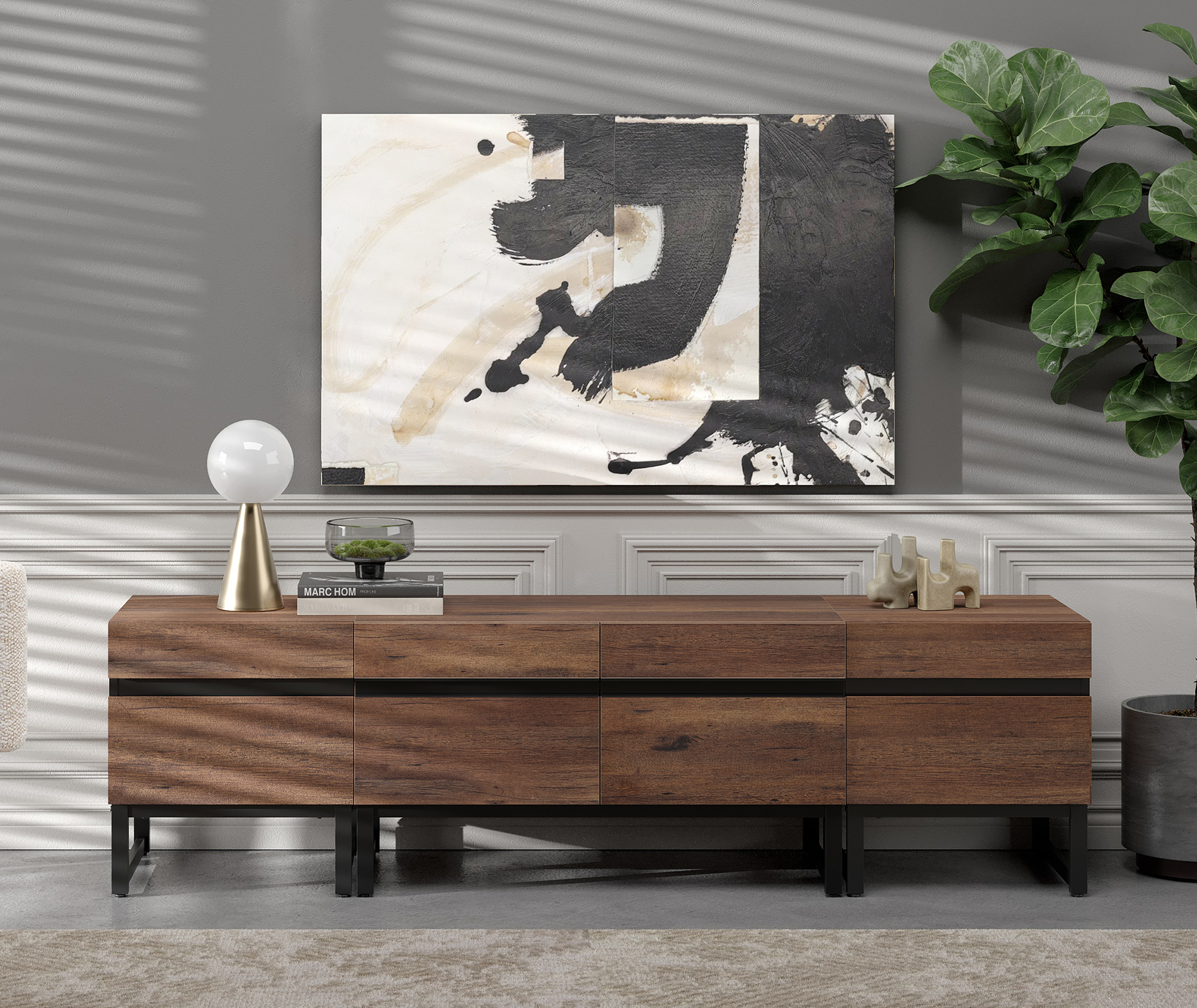 WAMPAT Modern TV Stand, 3-in-1 Entertainment Center with Storage Cabinets & Metal Base, 71" Brown, Fits TVs Up to 70"