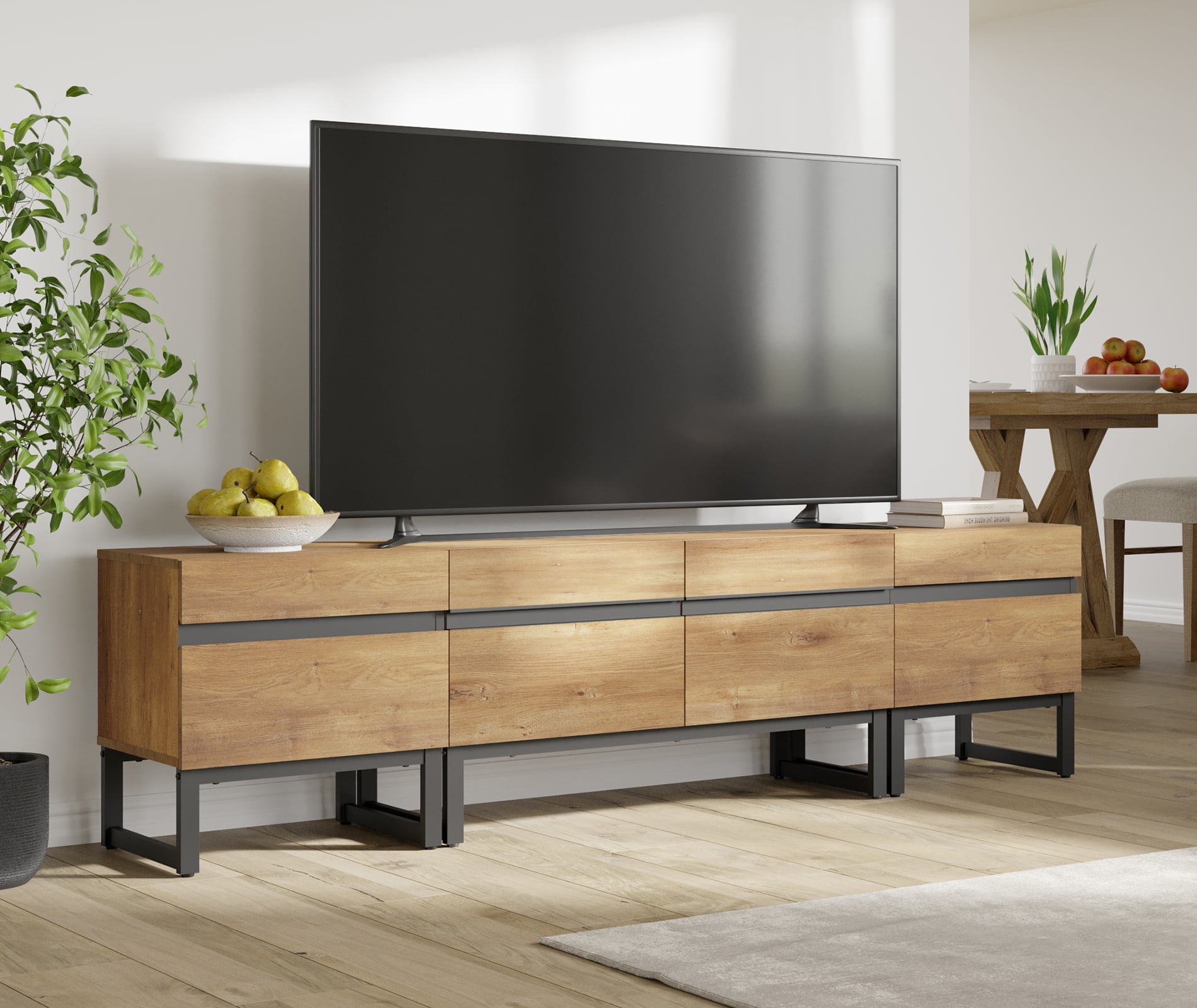 WAMPAT Modern TV Stand, 3-in-1 Entertainment Center with Storage Cabinets & Metal Base, 71" Oak, Fits TVs Up to 70"