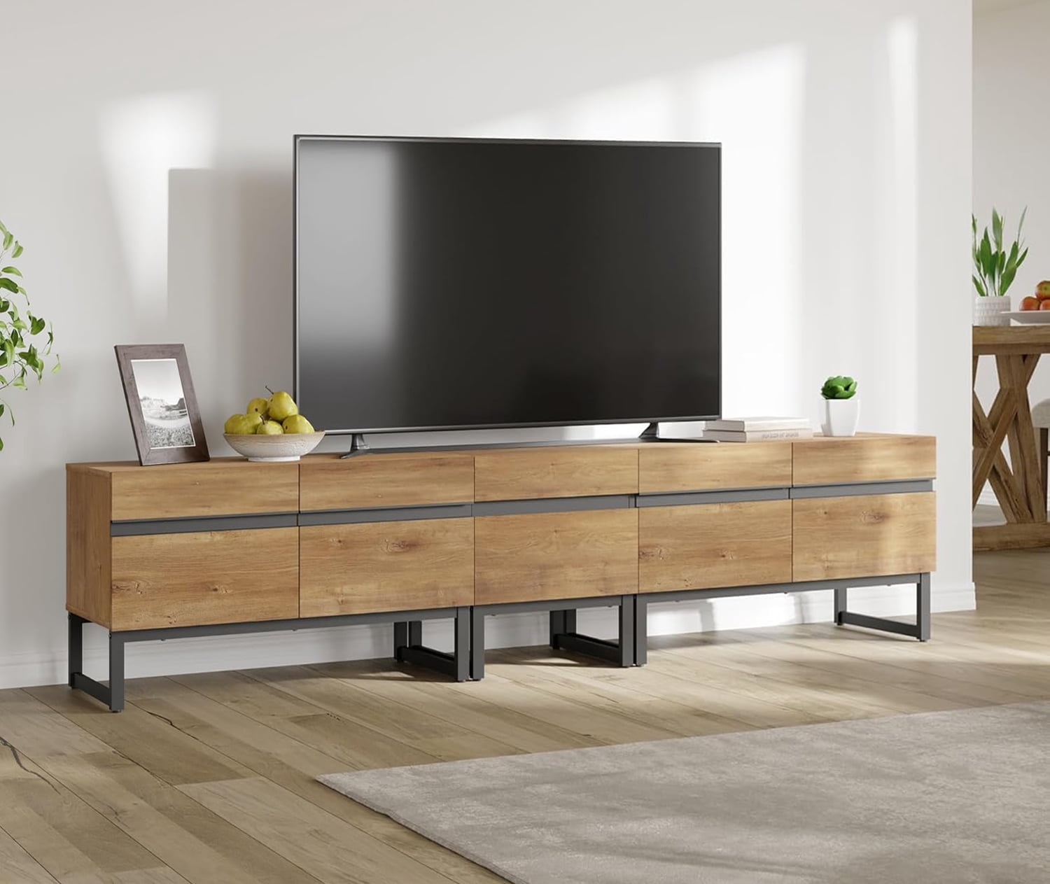 WAMPAT Modern TV Stand, 3-in-1 Entertainment Center with Storage Cabinets & Metal Base, 89" Oak, Fits TVs Up to 90"