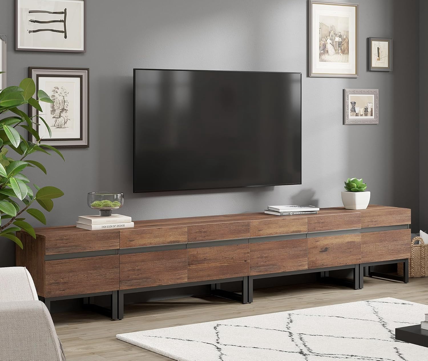 WAMPAT Modern TV Stand, 4-in-1 Entertainment Center with Storage Cabinets & Metal Base, 106" Brown, Fits TVs Up to 110"