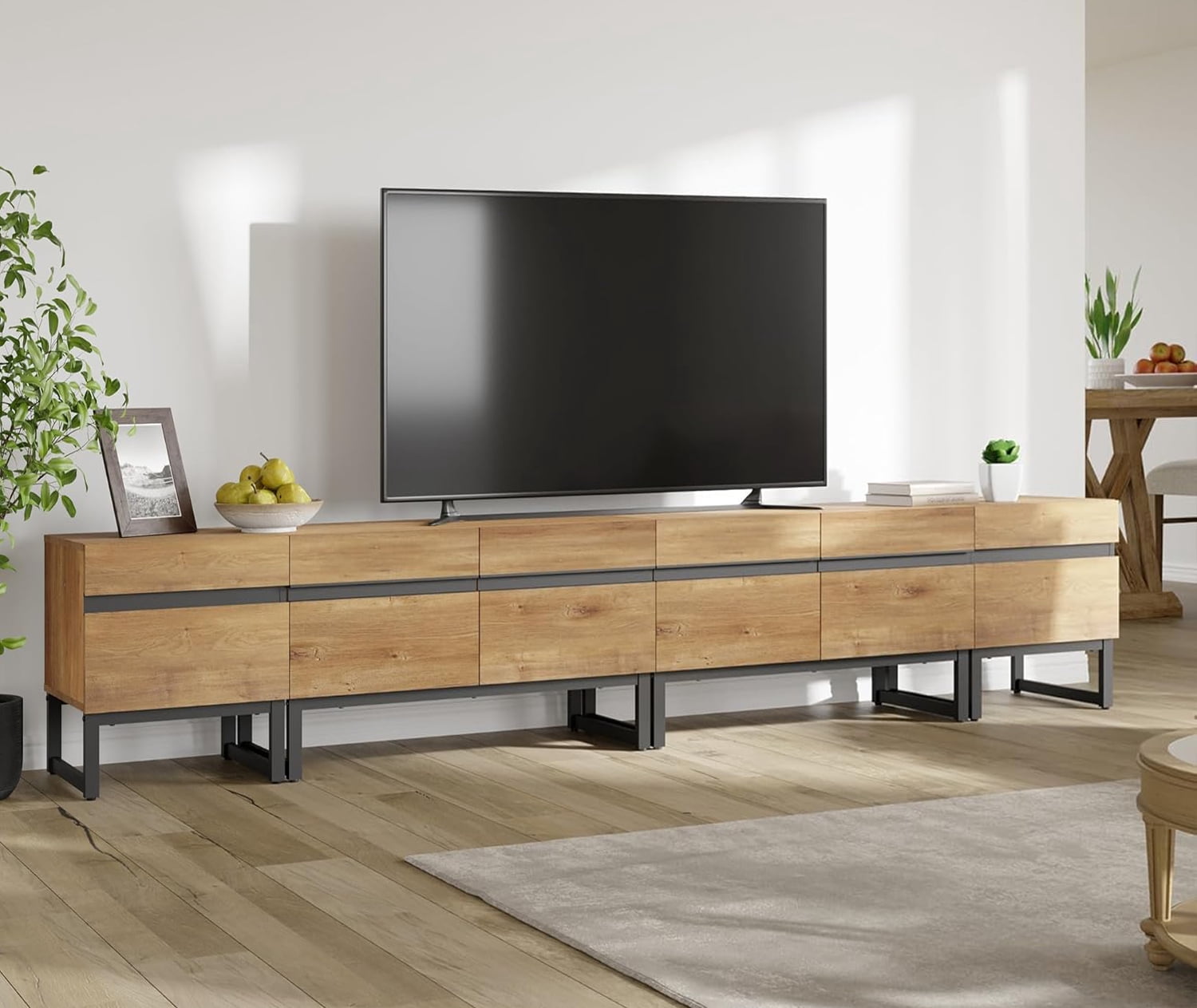 WAMPAT Modern TV Stand, 4-in-1 Entertainment Center with Storage Cabinets & Metal Base, 106" Oak, Fits TVs Up to 110"