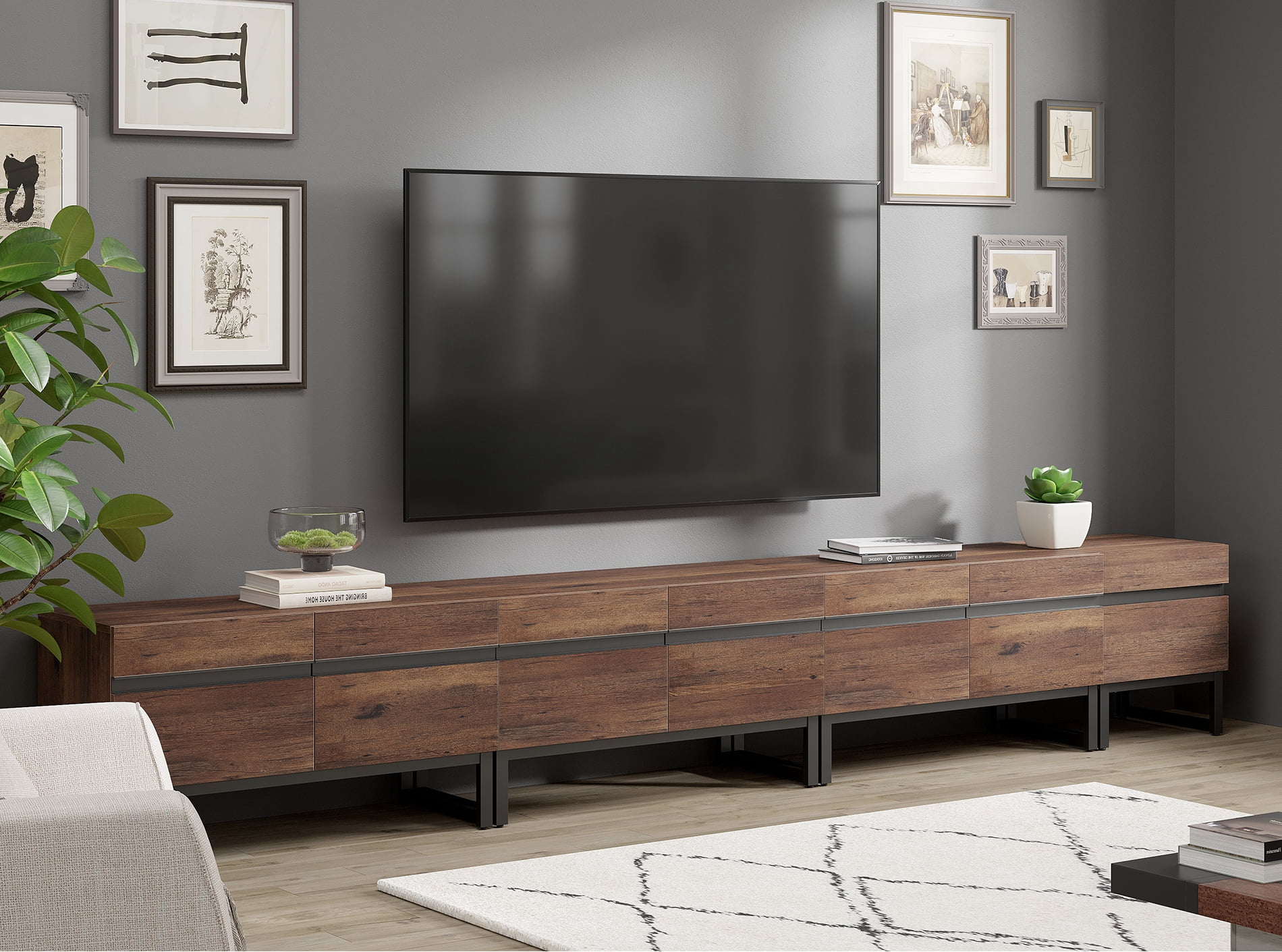 WAMPAT Modern TV Stand, 4-in-1 Entertainment Center with Storage Cabinets & Metal Base, 124" Brown, Fits TVs Up to 120"