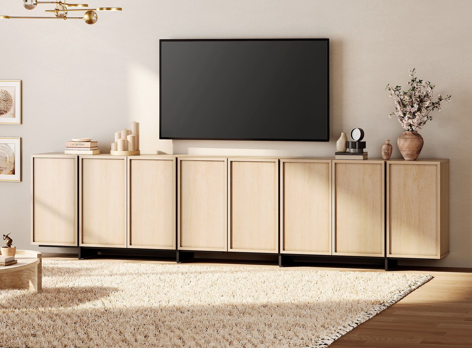 WAMPAT Modern TV Stand - Entertainment Center Console for 110" TVs, with 8 Closed Storage Doors & T-Shaped Wood Legs, Media Cabinet for Living Room & Bedroom，Beige