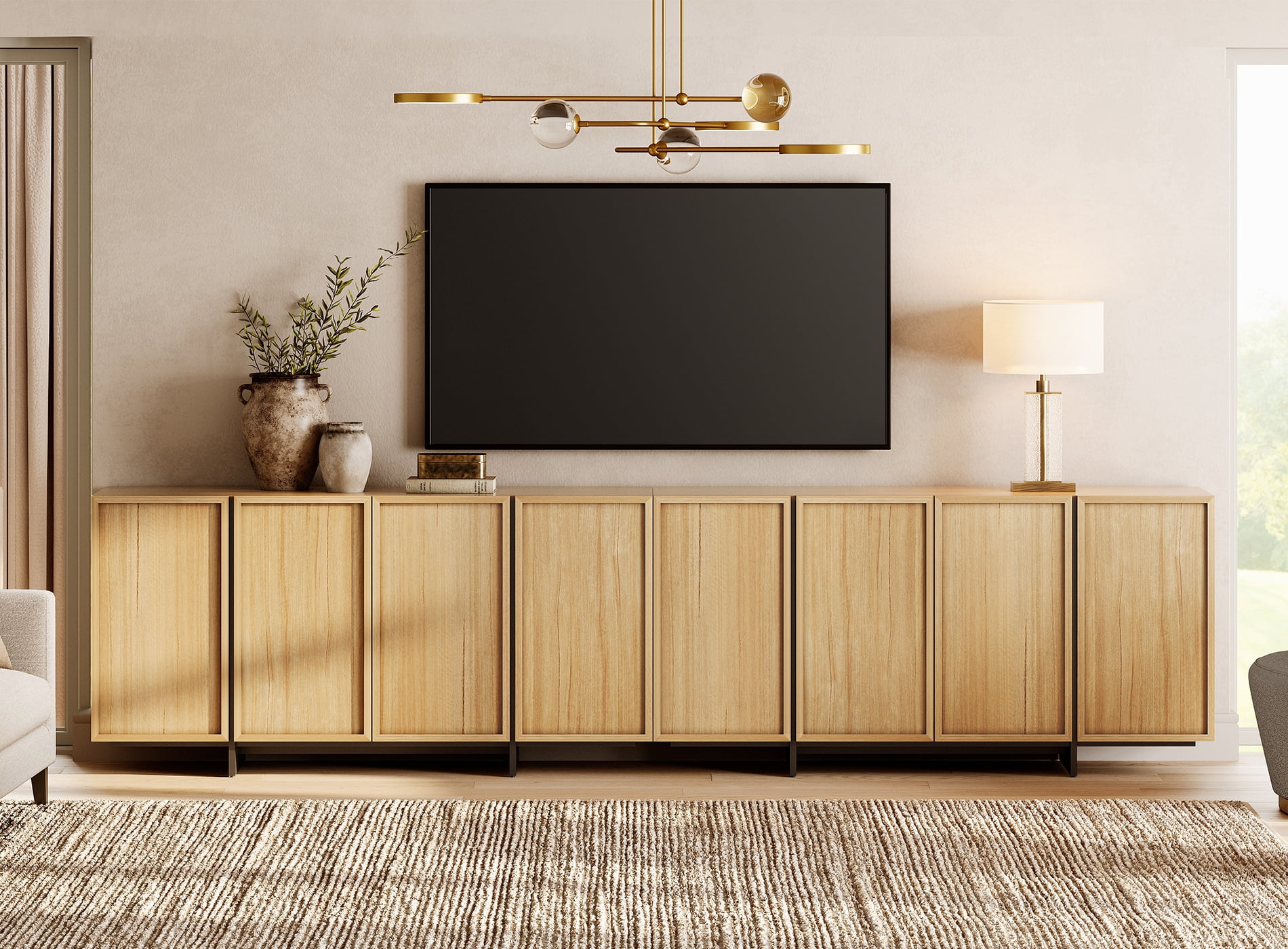 WAMPAT Modern TV Stand - Entertainment Center Console for 110" TVs, with 8 Closed Storage Doors & T-Shaped Wood Legs, Media Cabinet for Living Room & Bedroom，Oak