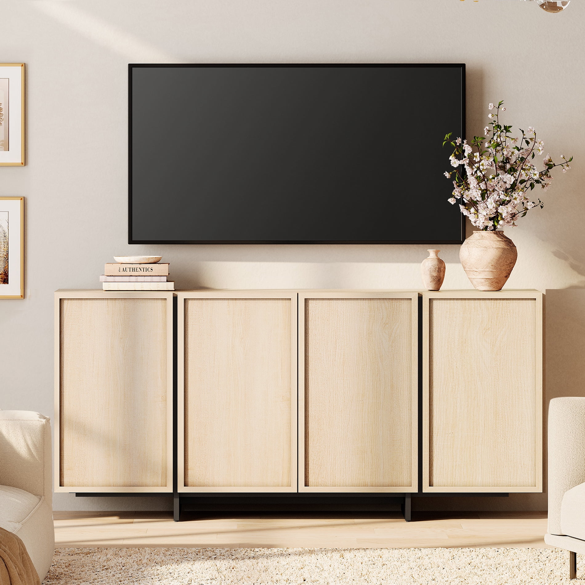 WAMPAT Modern TV Stand - Entertainment Center Console for 70" TVs, with 4 Closed Storage Doors & T-Shaped Wood Legs, Media Cabinet for Living Room & Bedroom,Beige
