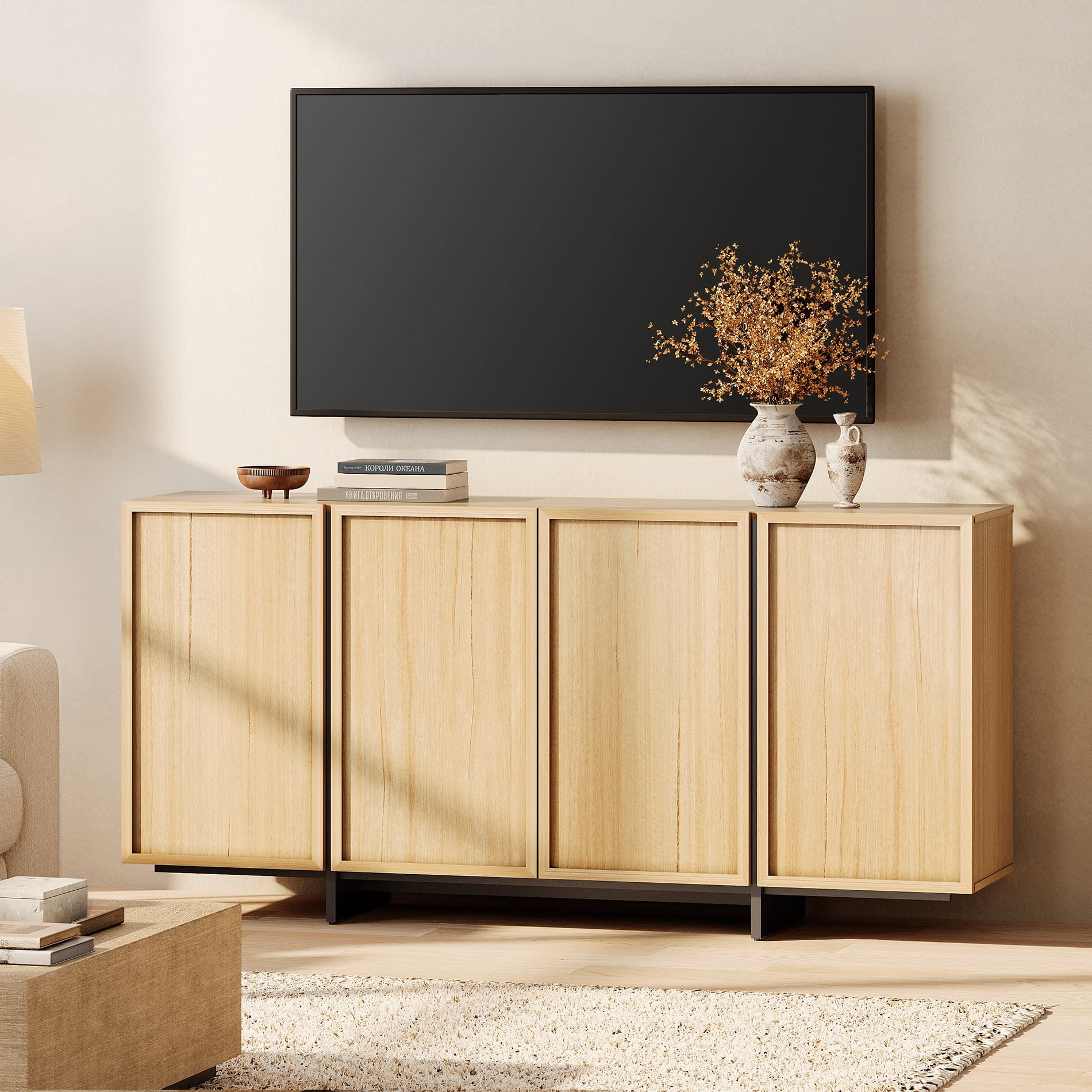 WAMPAT Modern TV Stand - Entertainment Center Console for 70" TVs, with 4 Closed Storage Doors & T-Shaped Wood Legs, Media Cabinet for Living Room & Bedroom，Oak