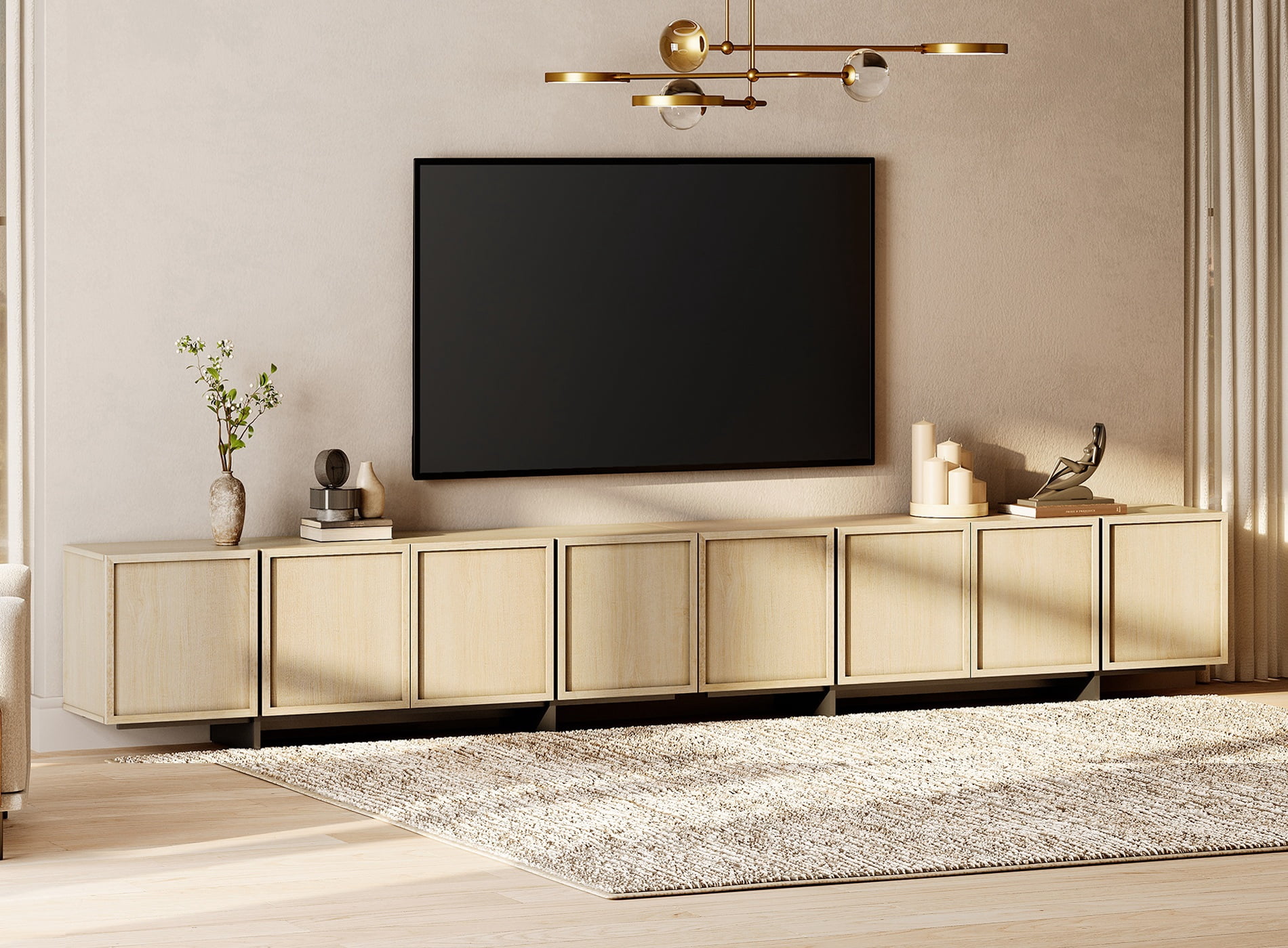 WAMPAT Modern TV Stand - Media Console Table for 32-110 inch TVs, Wood Entertainment Center with Storage Cabinets for Living Room，Beige