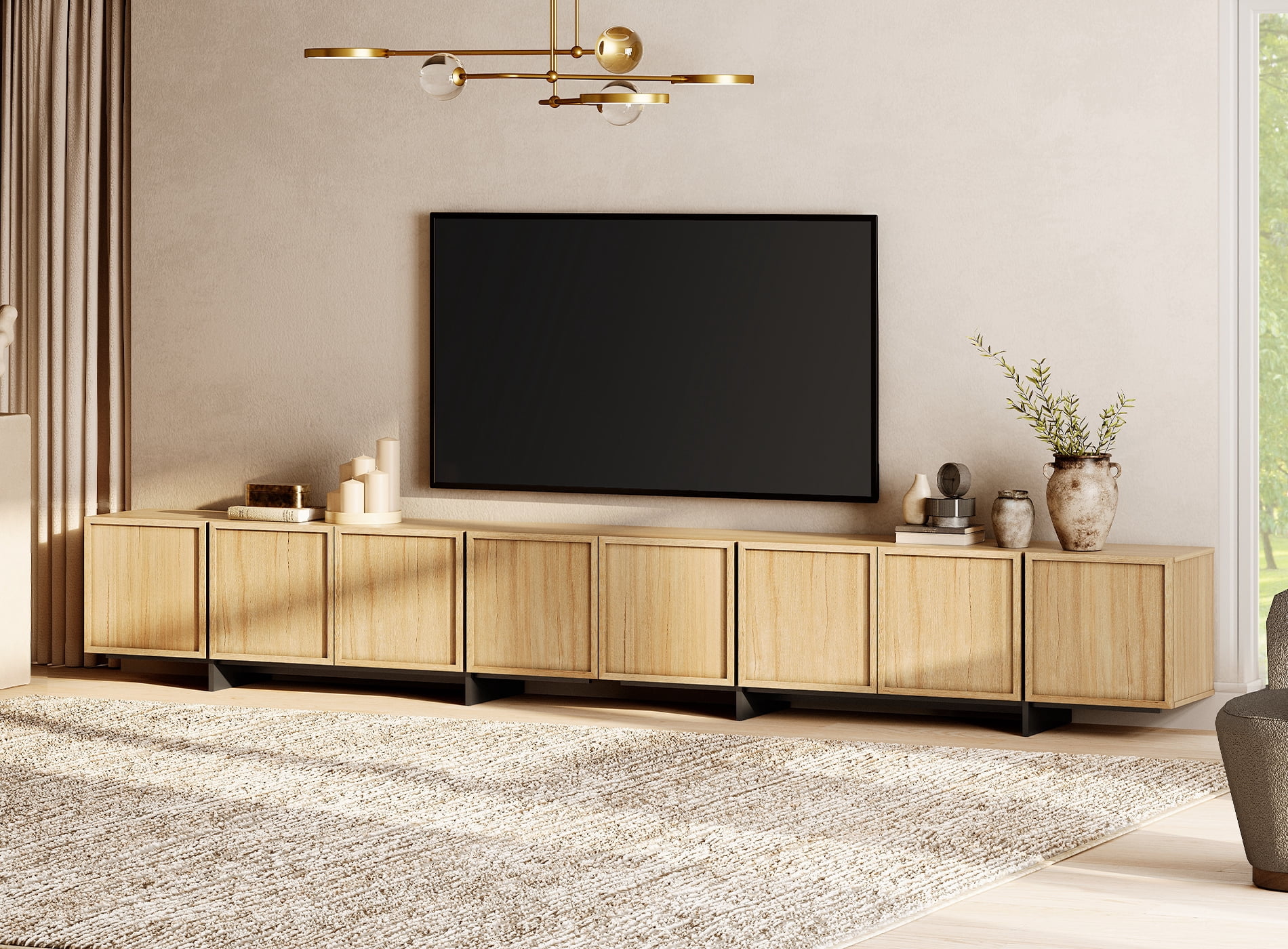 WAMPAT Modern TV Stand - Media Console Table for 32-110 inch TVs, Wood Entertainment Center with Storage Cabinets for Living Room，Oak