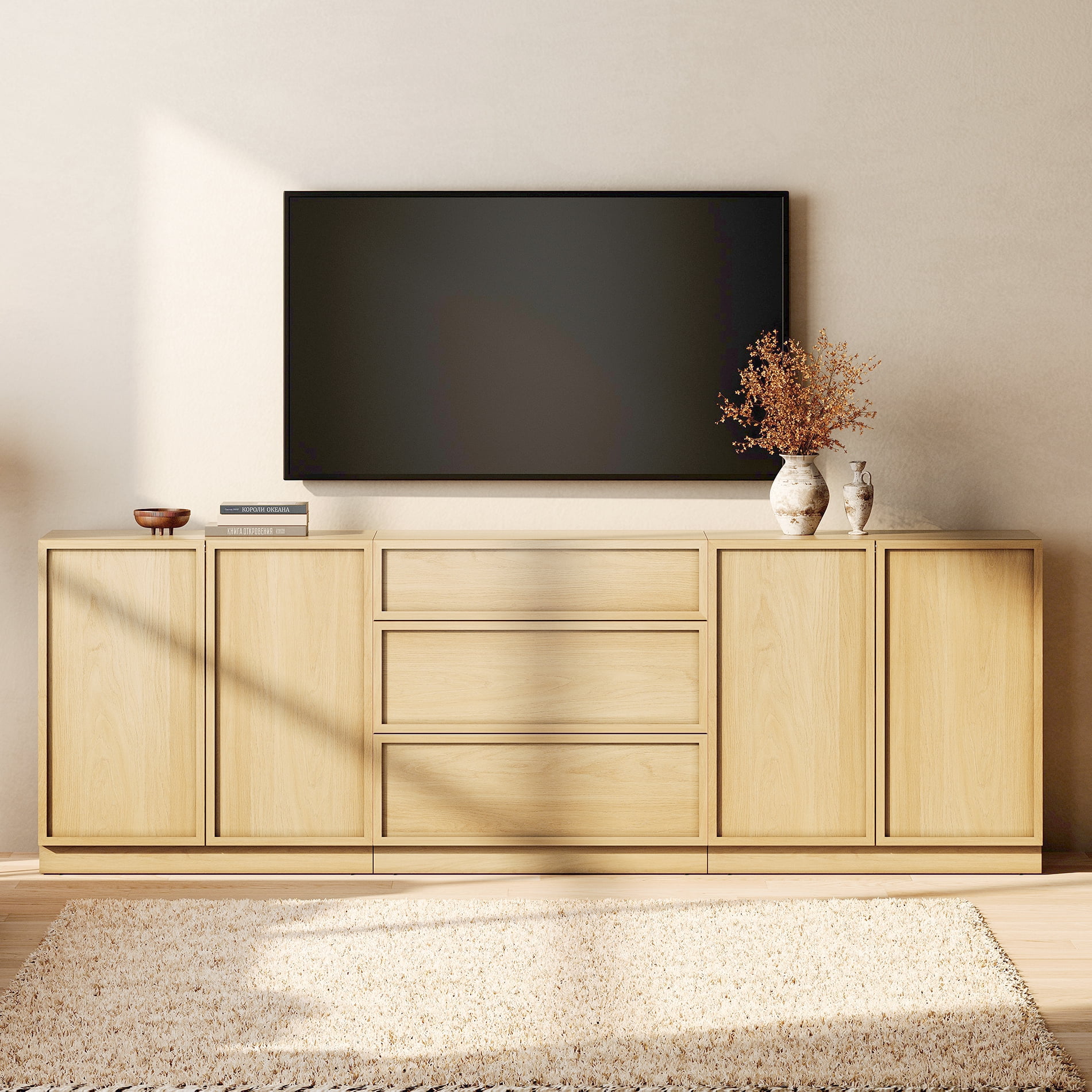 WAMPAT Modern TV Stand for TVs Up to 100", 3-in-1 Entertainment Center TV Console with 6 Doors and Adjustable Shelf, Wooden Media Console Cabinet for Living Room, Bedroom