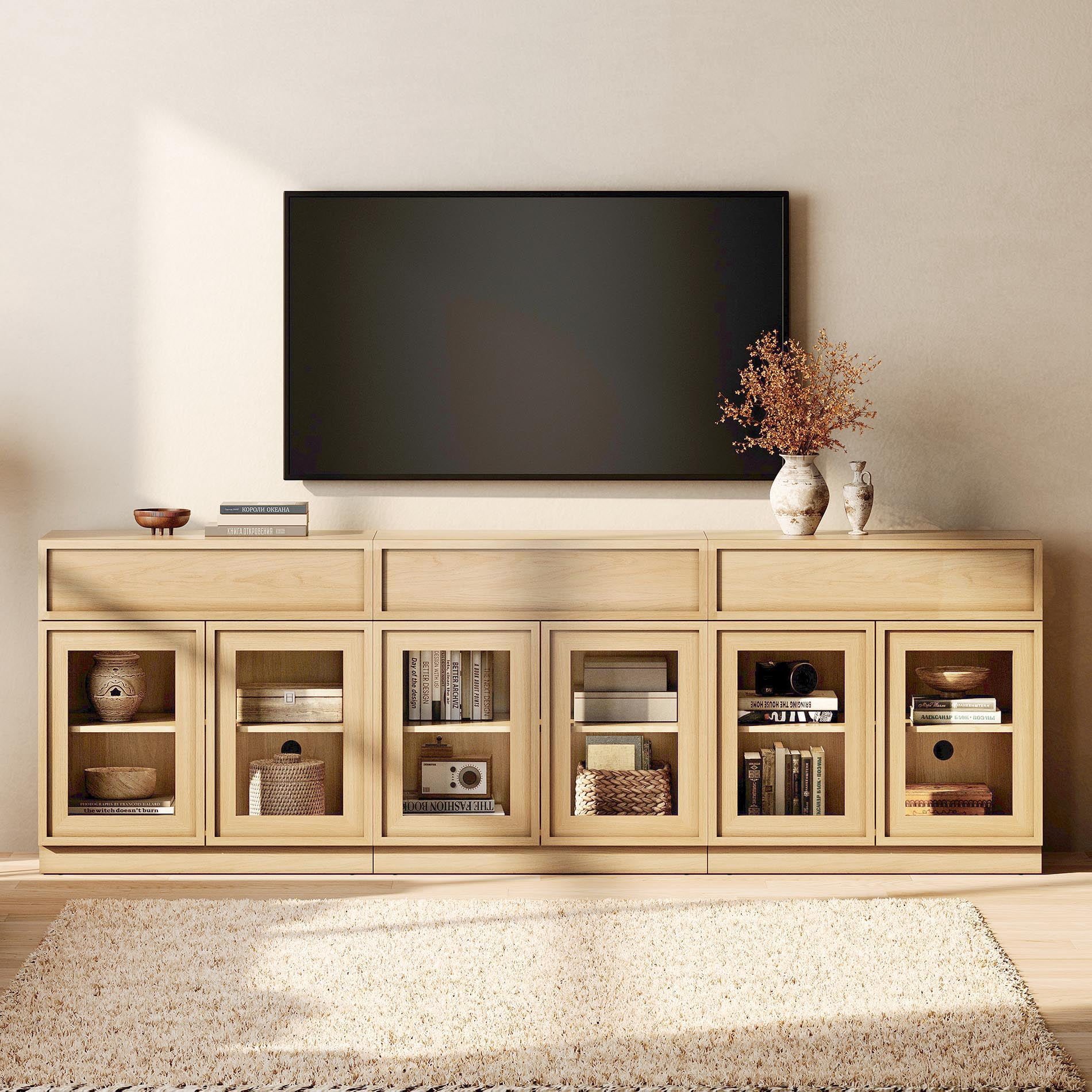WAMPAT Modern TV Stand for TVs Up to 100", 3-in-1 Entertainment Center TV Console with 6 Doors and Drawer, Wooden Media Console Cabinet with Adjustable Shelf for Living Room, Bedroom, Oak