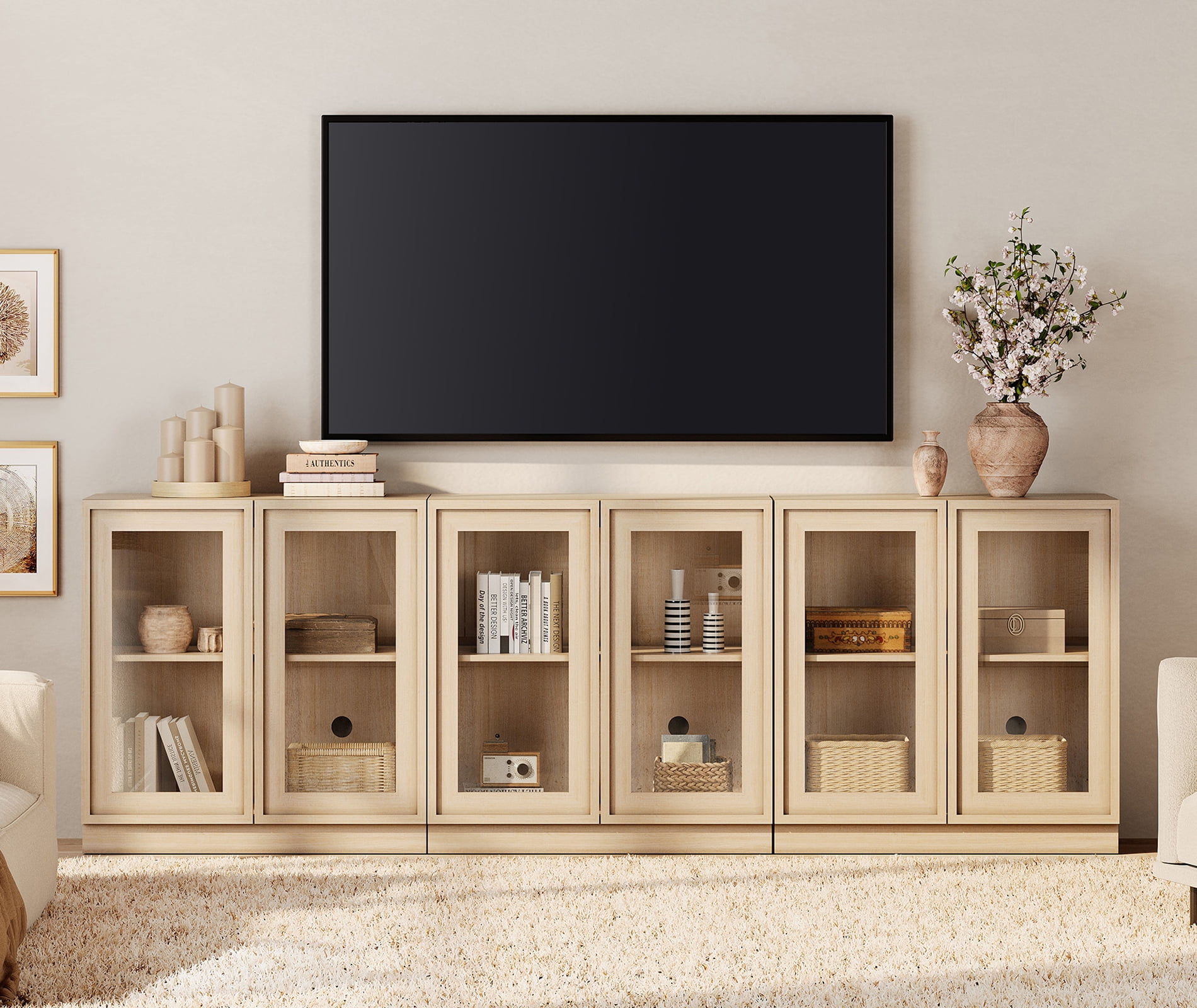 WAMPAT Modern TV Stand for TVs Up to 100", 3-in-1 Entertainment Center TV Console with 6 Glass Doors and Adjustable Shelf, Wooden Media Console Cabinet for Living Room, Bedroom, Beige