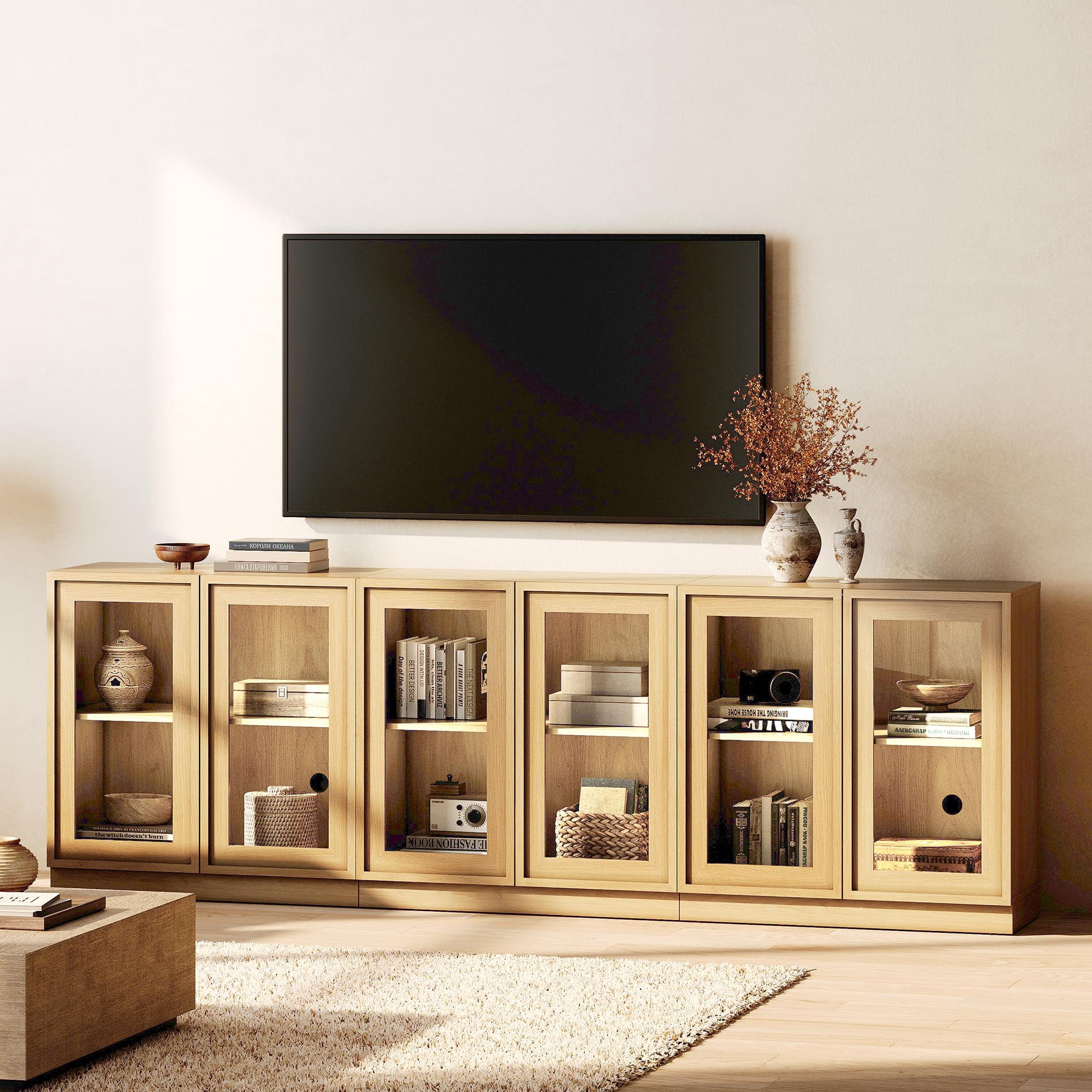 WAMPAT Modern TV Stand for TVs Up to 100", 3-in-1 Entertainment Center TV Console with 6 Glass Doors and Adjustable Shelf, Wooden Media Console Cabinet for Living Room, Bedroom, Oak