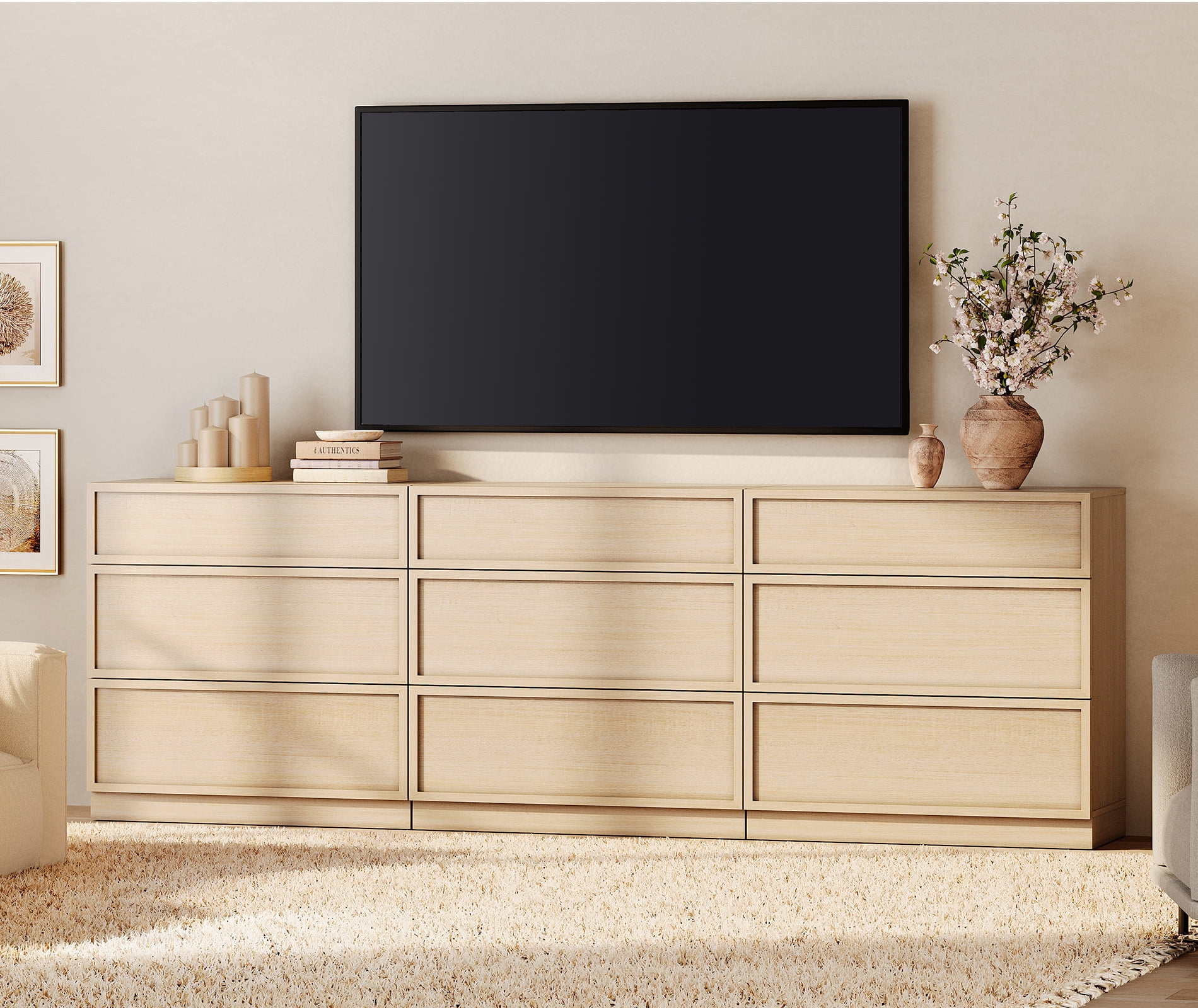 WAMPAT Modern TV Stand for TVs Up to 110", 4-in-1 Entertainment Center TV Console with 8 Doors and Adjustable Shelf, Wooden Media Console Cabinet for Living Room, Bedroom, Beige