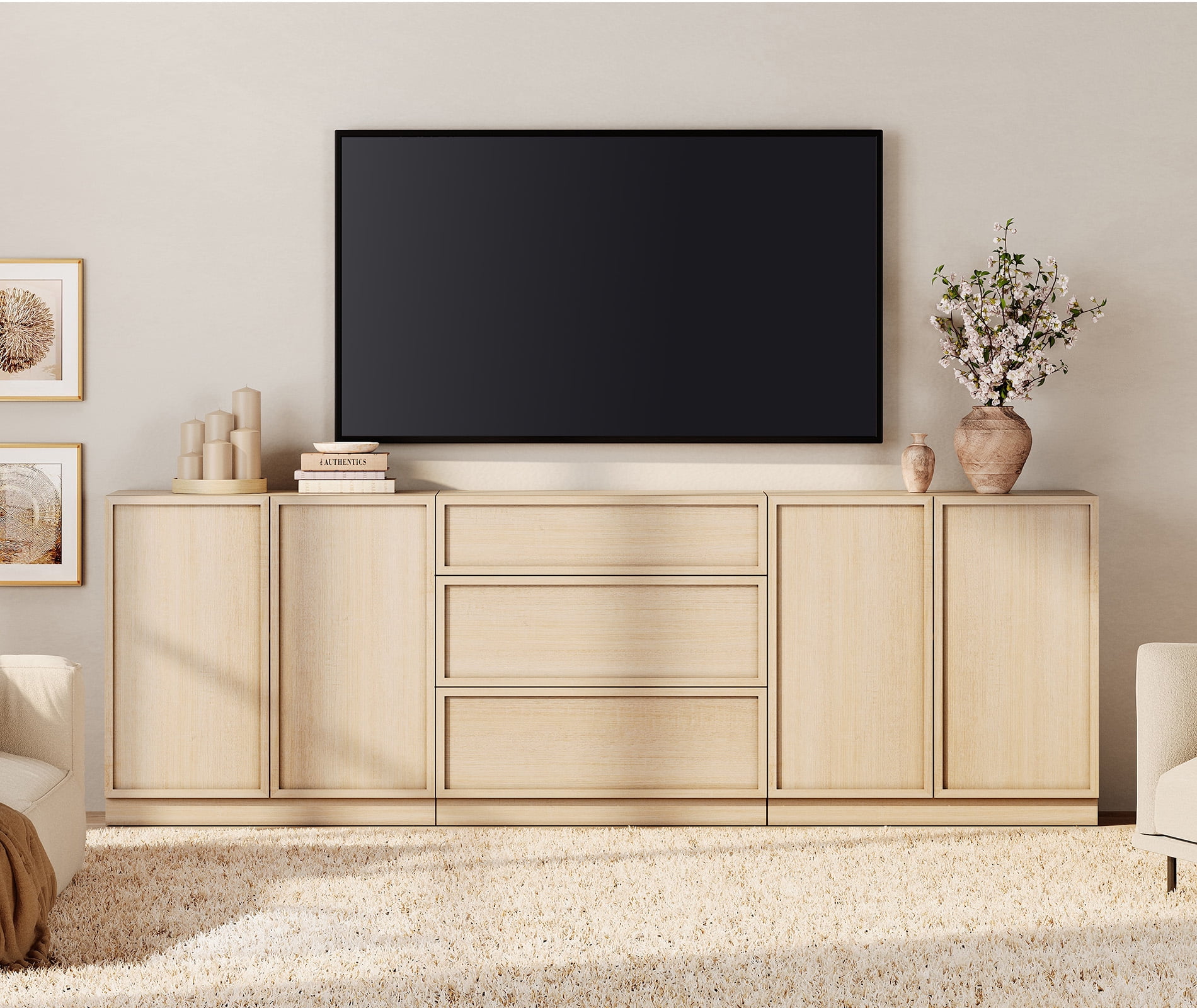 WAMPAT Modern TV Stand for TVs Up to 110", 4-in-1 Entertainment Center TV Console with 8 Doors and Adjustable Shelf, Wooden Media Console Cabinet for Living Room, Bedroom, Beige
