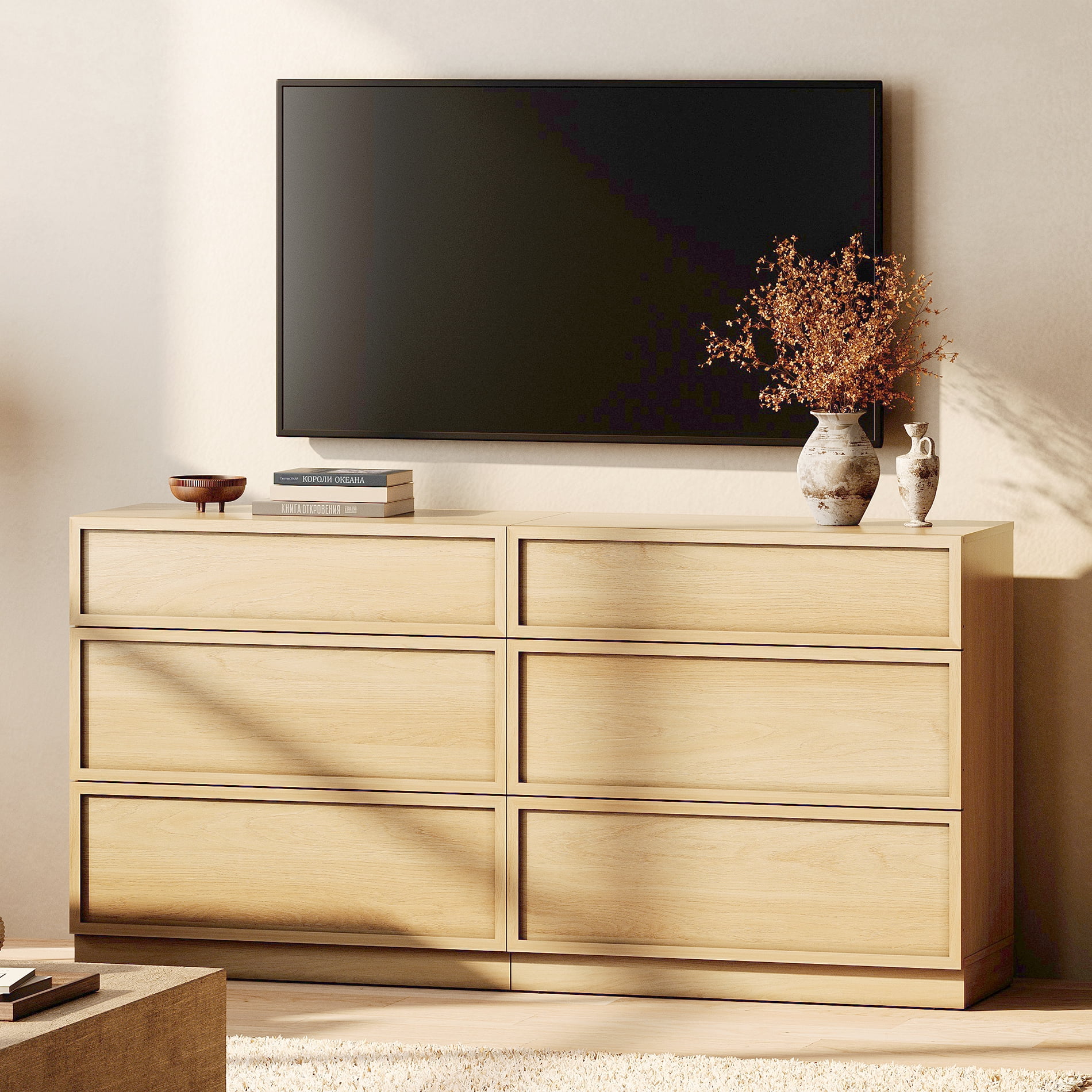 WAMPAT Modern TV Stand for TVs Up to 110", 4-in-1 Entertainment Center TV Console with 8 Doors and Adjustable Shelf, Wooden Media Console Cabinet for Living Room, Bedroom, Oak