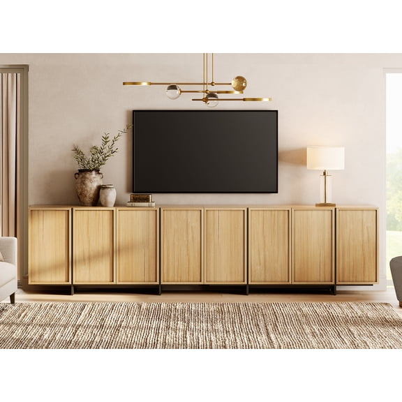 WAMPAT Modern TV Stand for TVs Up to 110", Wooden Entertainment Center TV Console with 8 Door Closed Storage and T-Shaped Wood Legs, Media Console Cabinet for Living Room, Bedroom, Oak