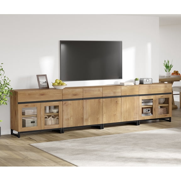 WAMPAT Modern TV Stand for TVs up to 120 inch, 4 in 1 TV Console with Glass Doors and 2 Drawers, Entertainment Center with Adjustable Shelf for Living Room, Bedroom, Oak