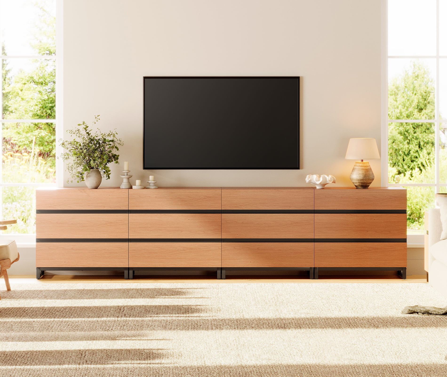 WAMPAT Modern TV Stand for TVs up to 120 inch, Entertainment Center TV Console with 12 Drawers and Metal Base, Media Console for Living Room, Bedroom,Mocha