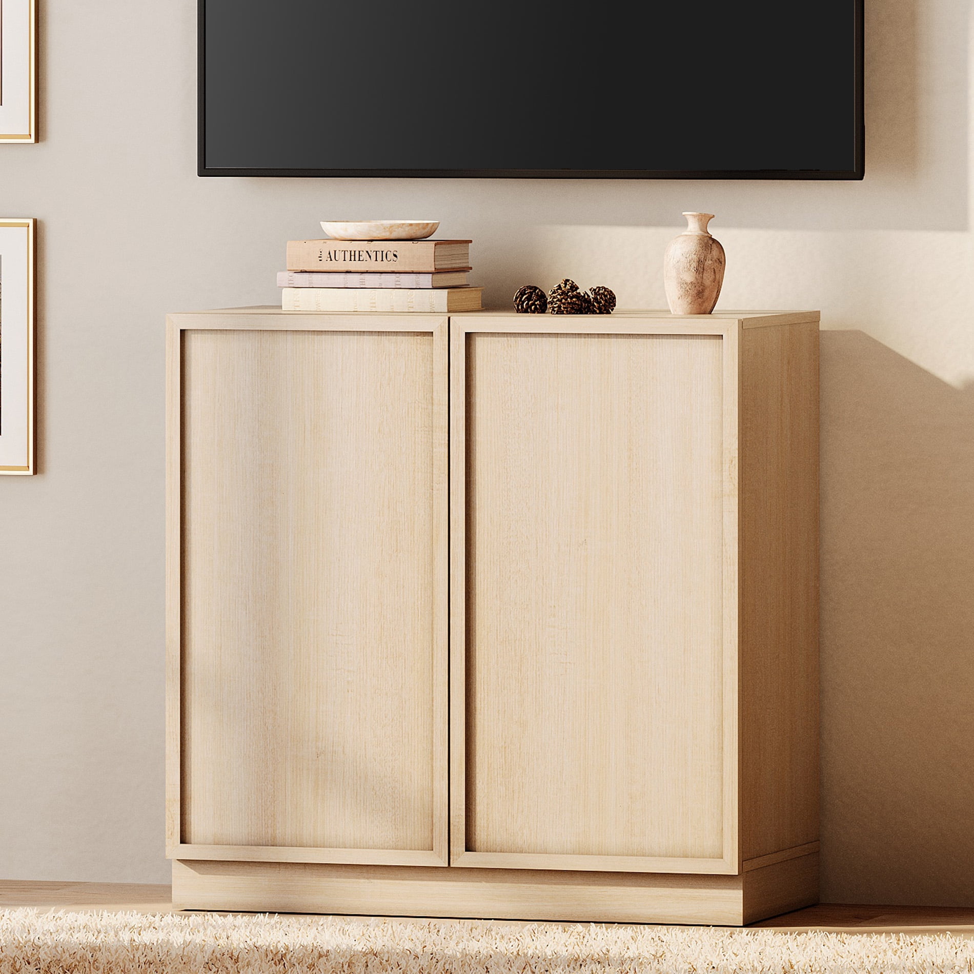 WAMPAT Modern TV Stand for TVs Up to 40", Wooden Entertainment Center TV Console with 2 Doors and Adjustable Shelf, Media Console Cabinet for Living Room, Bedroom, Beige