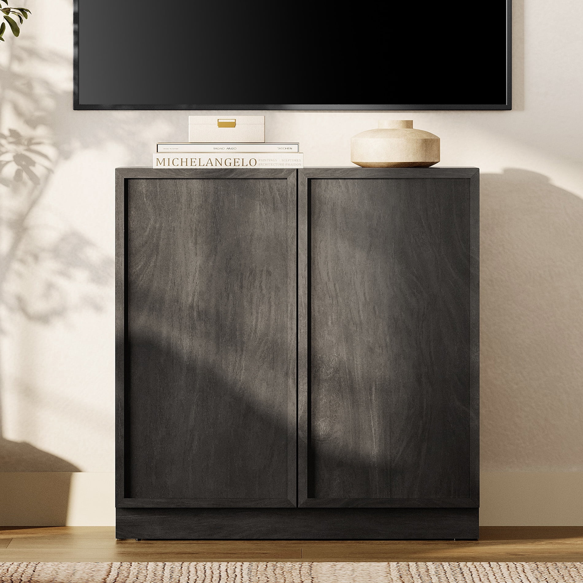 WAMPAT Modern TV Stand for TVs Up to 40", Wooden Entertainment Center TV Console with 2 Doors and Adjustable Shelf, Media Console Cabinet for Living Room, Bedroom, Black