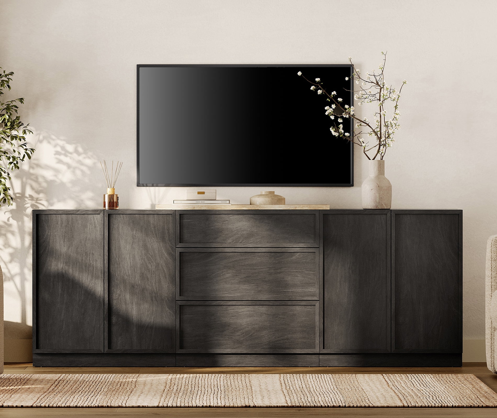 WAMPAT Modern TV Stand for TVs Up to 40", Wooden Entertainment Center TV Console with 2 Doors and Adjustable Shelf, Media Console Cabinet for Living Room, Bedroom, Black