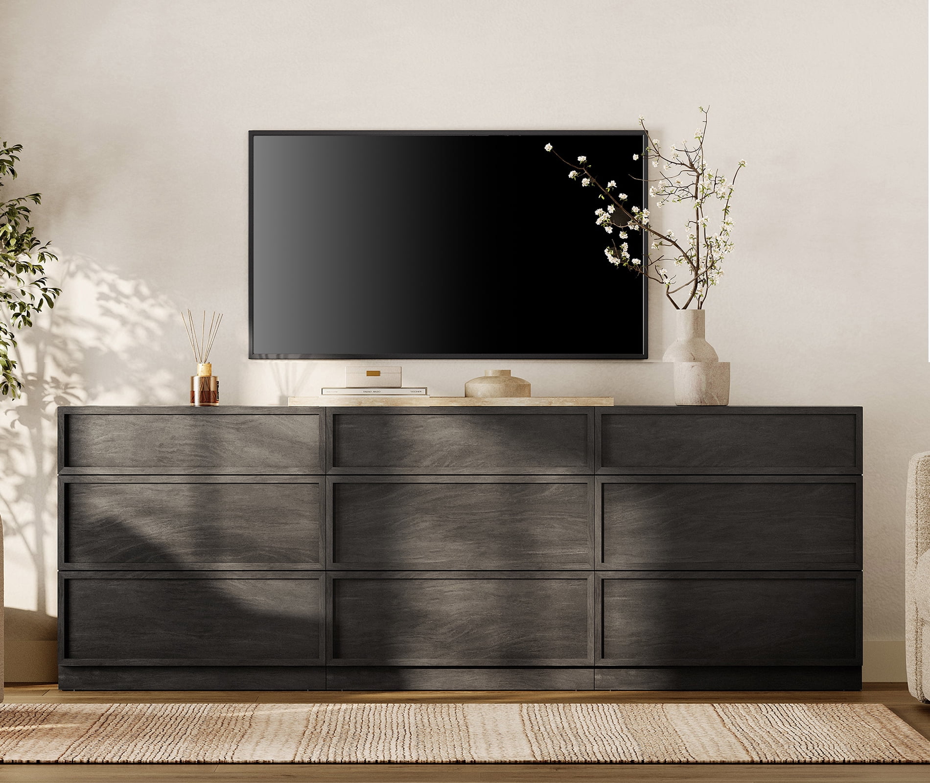 WAMPAT Modern TV Stand for TVs Up to 40", Wooden Entertainment Center TV Console with 2 Doors and Adjustable Shelf, Media Console Cabinet for Living Room, Bedroom, Black