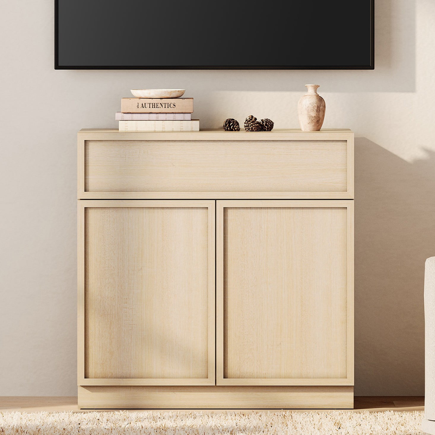 WAMPAT Modern TV Stand for TVs Up to 40", Wooden Entertainment Center TV Console with 2 Doors and Drawer, Media Console Cabinet with Adjustable Shelf for Living Room, Bedroom, Beige