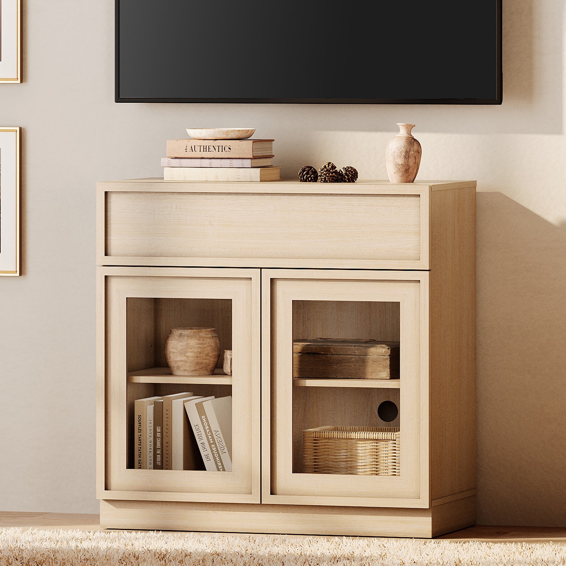 WAMPAT Modern TV Stand for TVs Up to 40", Wooden Entertainment Center TV Console with 2 Glass Doors and Drawer, Media Console Cabinet with Adjustable Shelf for Living Room, Bedroom, Beige