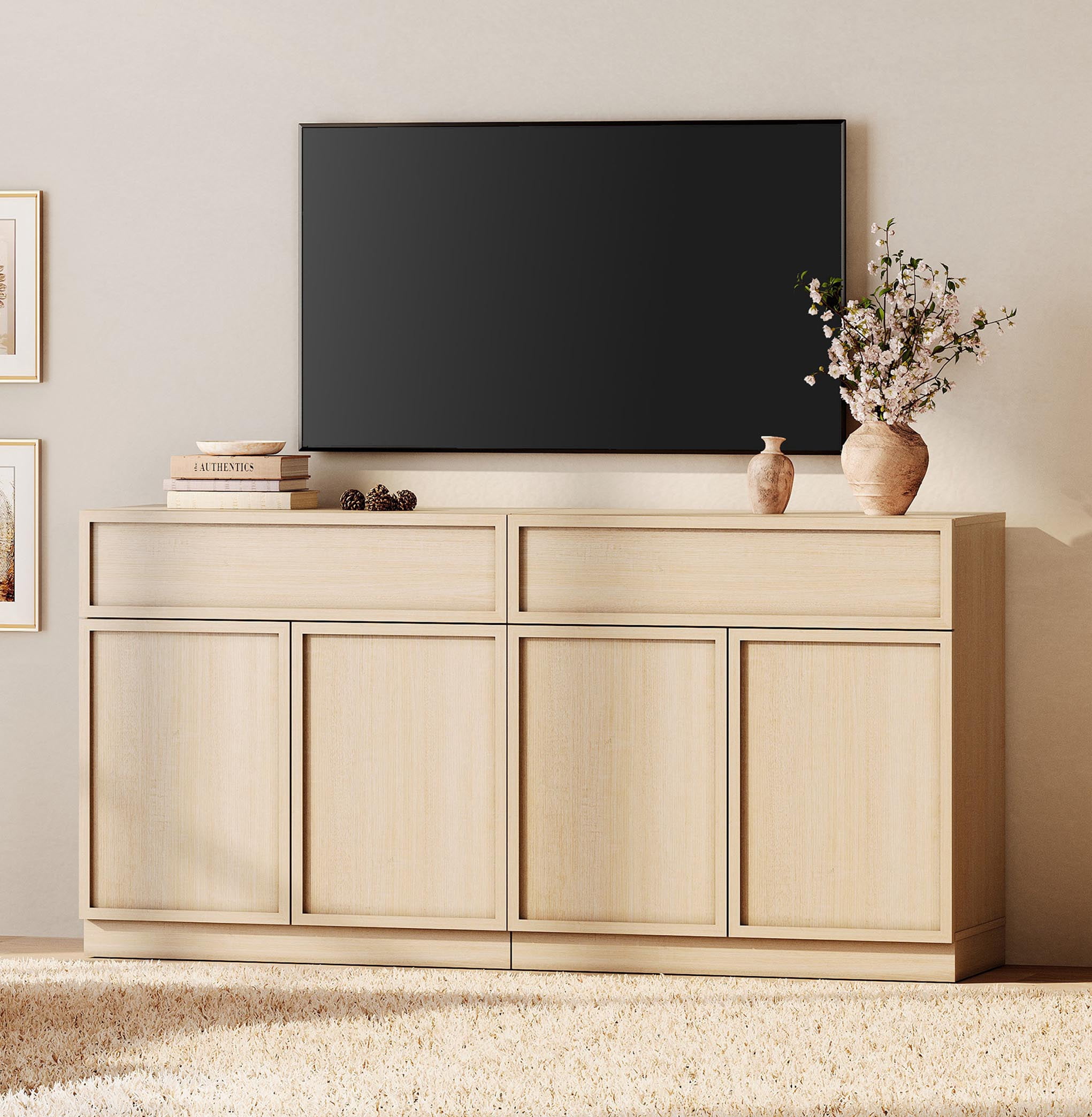 WAMPAT Modern TV Stand for TVs Up to 40", Wooden Entertainment Center TV Console with 4 Doors and Drawers, Media Console Cabinet with Adjustable Shelf for Living Room, Bedroom, Beige