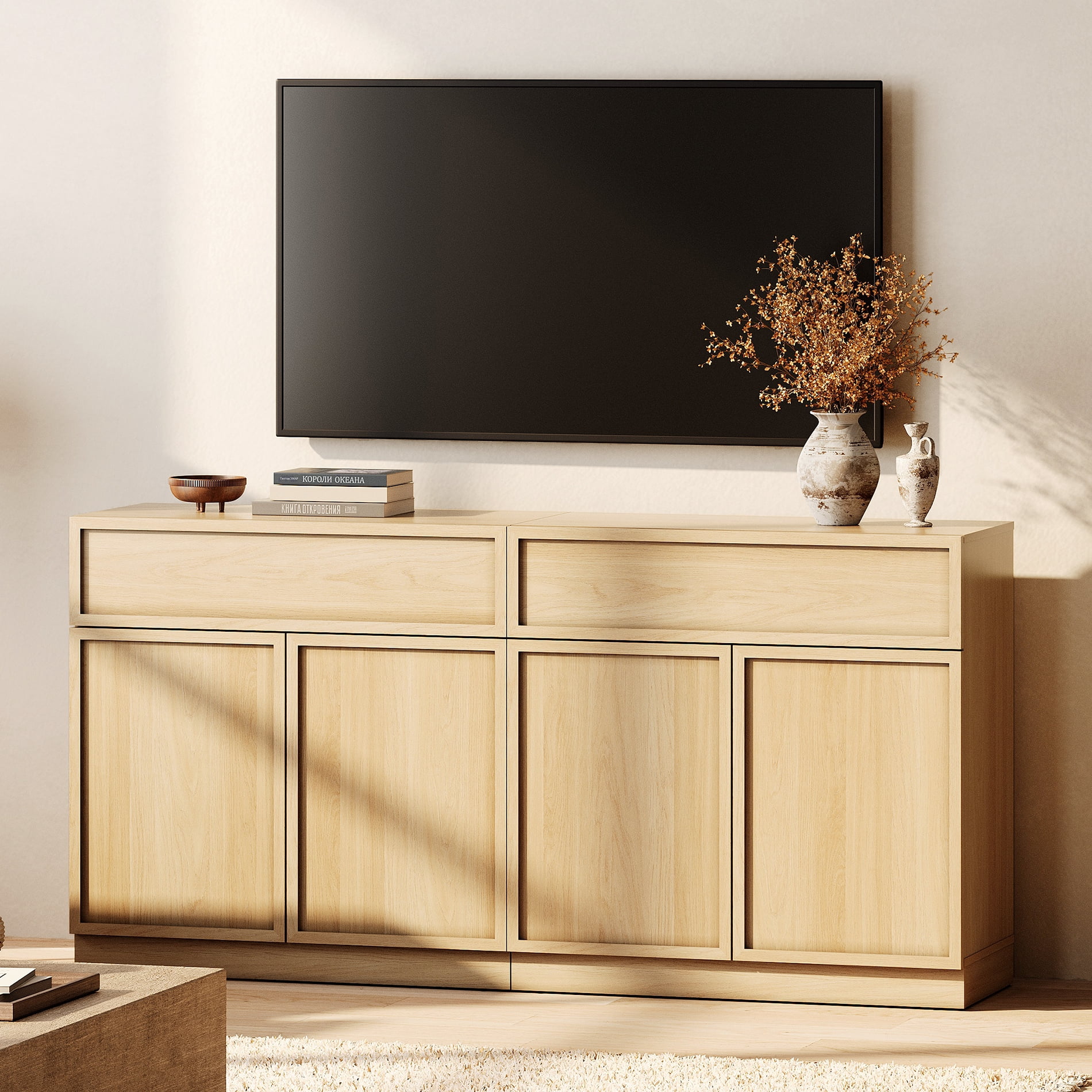 WAMPAT Modern TV Stand for TVs Up to 40", Wooden Entertainment Center TV Console with 4 Doors and Drawers, Media Console Cabinet with Adjustable Shelf for Living Room, Bedroom, Oak