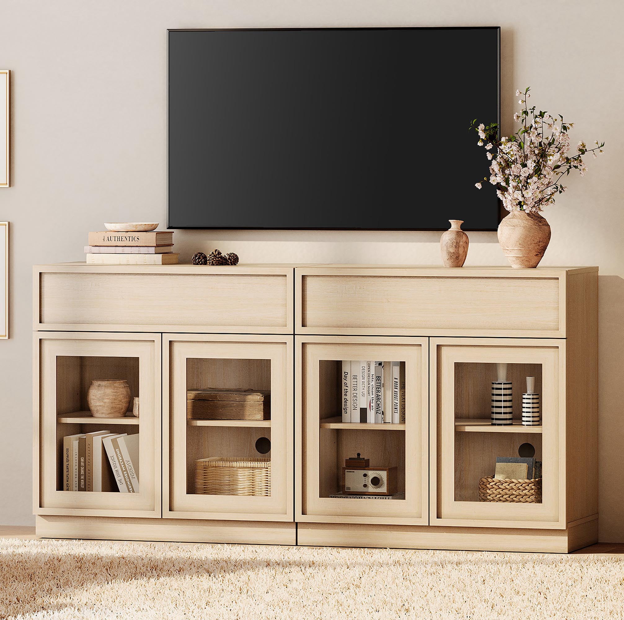 WAMPAT Modern TV Stand for TVs Up to 40", Wooden Entertainment Center TV Console with 4 Glass Doors and Drawers, Media Console Cabinet with Adjustable Shelf for Living Room, Bedroom, Beige