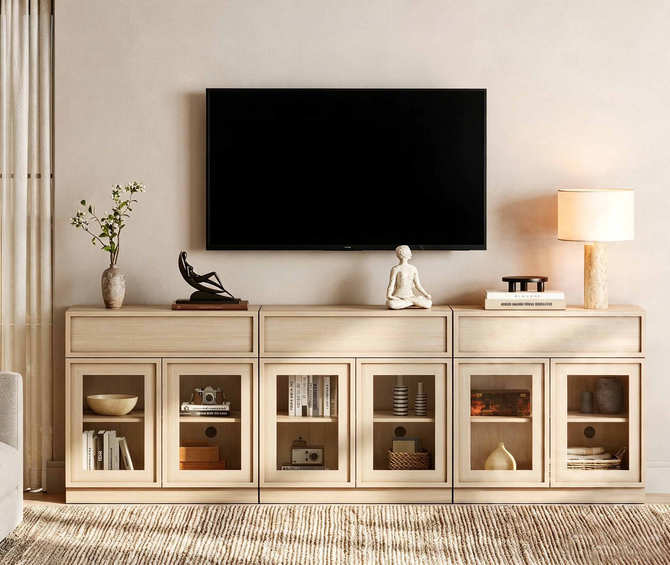 WAMPAT Modern TV Stand for TVs Up to 40", Wooden Entertainment Center TV Console with 6 Glass Doors and Drawers, Media Console Cabinet with Adjustable Shelf for Living Room, Bedroom, Beige