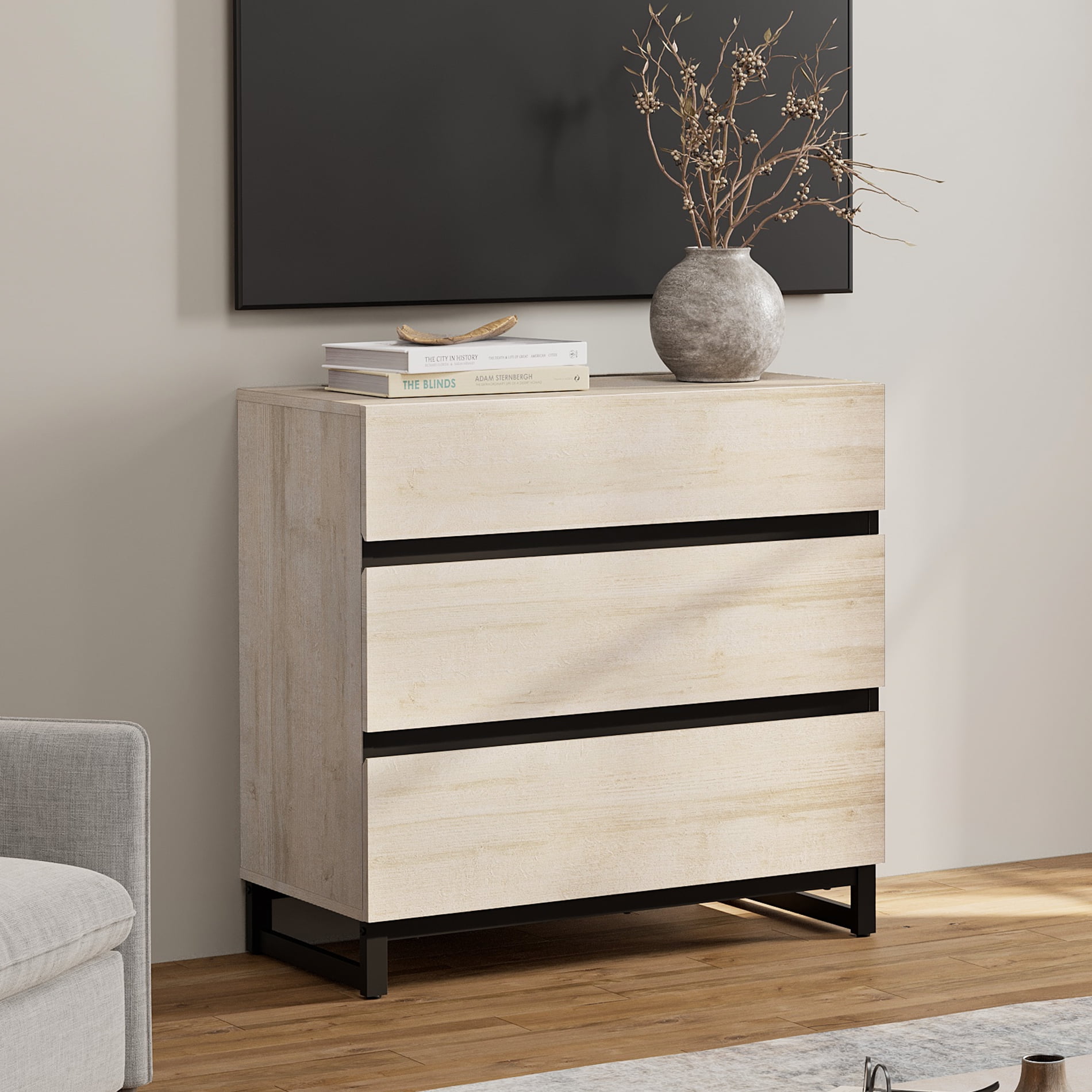WAMPAT Modern TV Stand Fits up to 40" TV, Entertainment Center with 3 Drawers and Sturdy Metal Base, Media Console for Living Room & Bedroom, Beige
